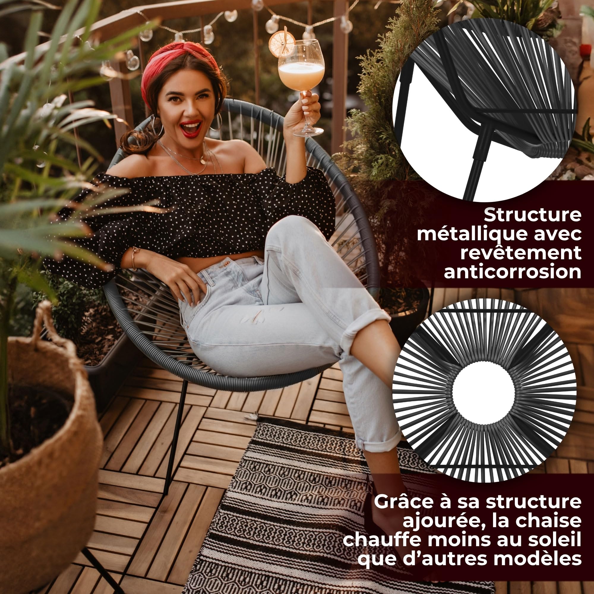 SPRINGOS Chaise de Jardin Acapulco Gris 73x40,5x87 cm – Fauteuil en Rotin PE avec Pieds Métalliques, Siège Confortable pour Salon, Balcon ou Terrasse