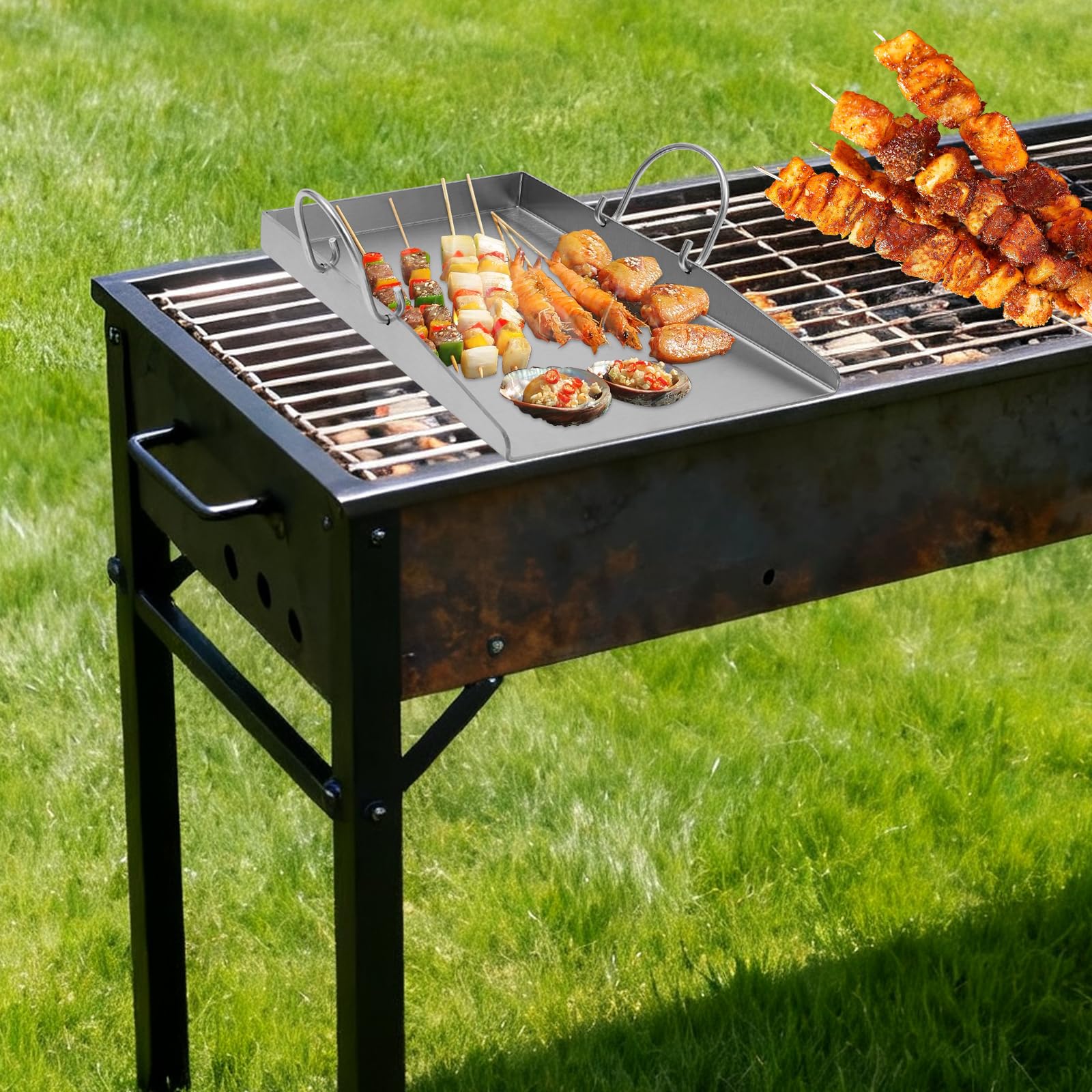 Plancha, piastra per barbecue in acciaio inox, resistente al calore a 338 °C, 40 x 30 cm, con 2 spatole e manici rimovibili, per esterni e campeggio