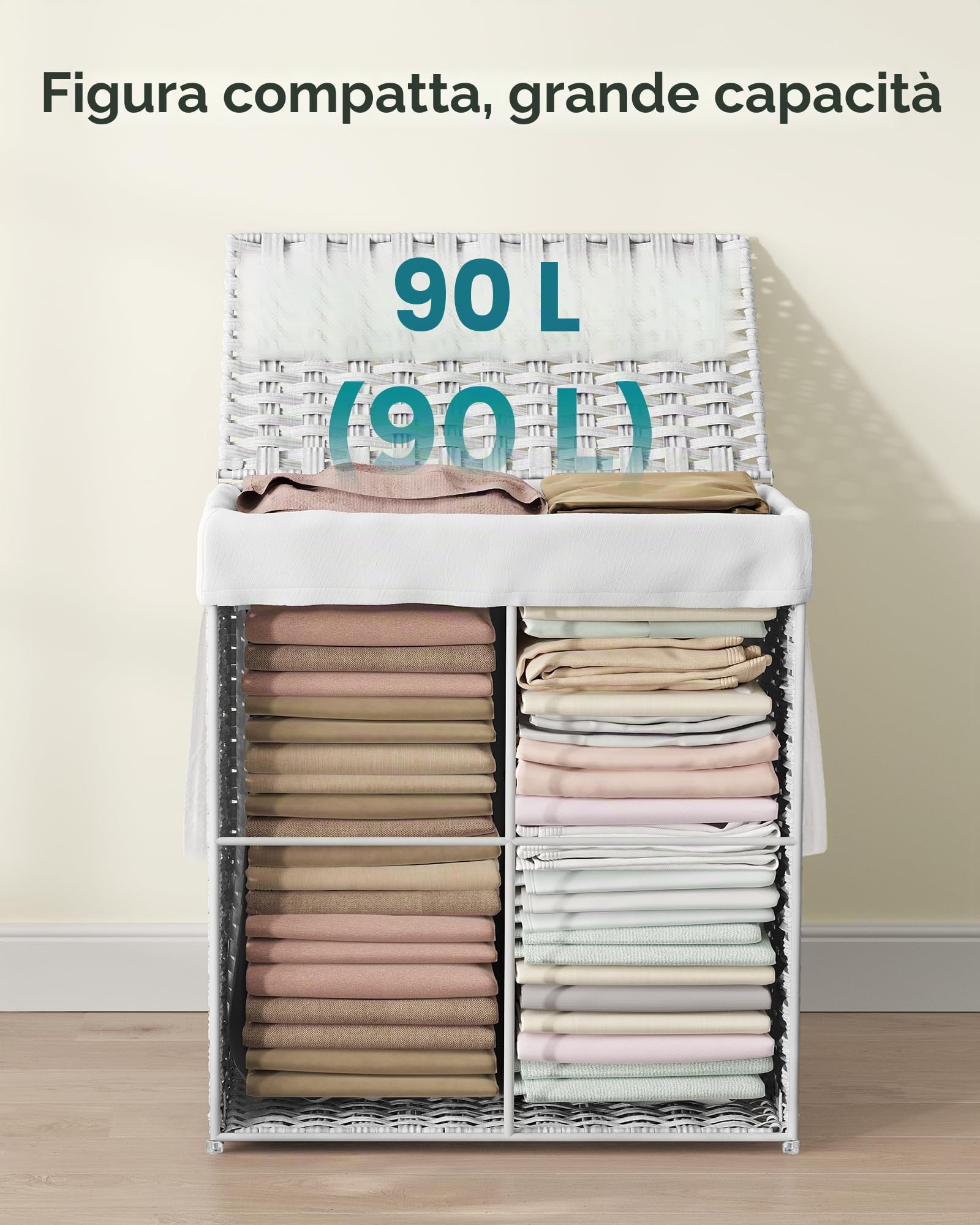 SONGMICS Cesto portabiancheria intrecciato a mano, in rattan sintetico, con coperchio e manici, pieghevole, rimovibile, colore bianco, ULCB51WT
