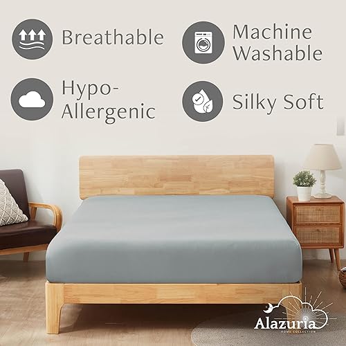 Miniatura 10 de Alazuria Sábana bajera azul claro tamaño King de 1 pieza para colchón de 12 a 16 pulgadas de profundidad, calidad prémium de lujo, color sólido,
