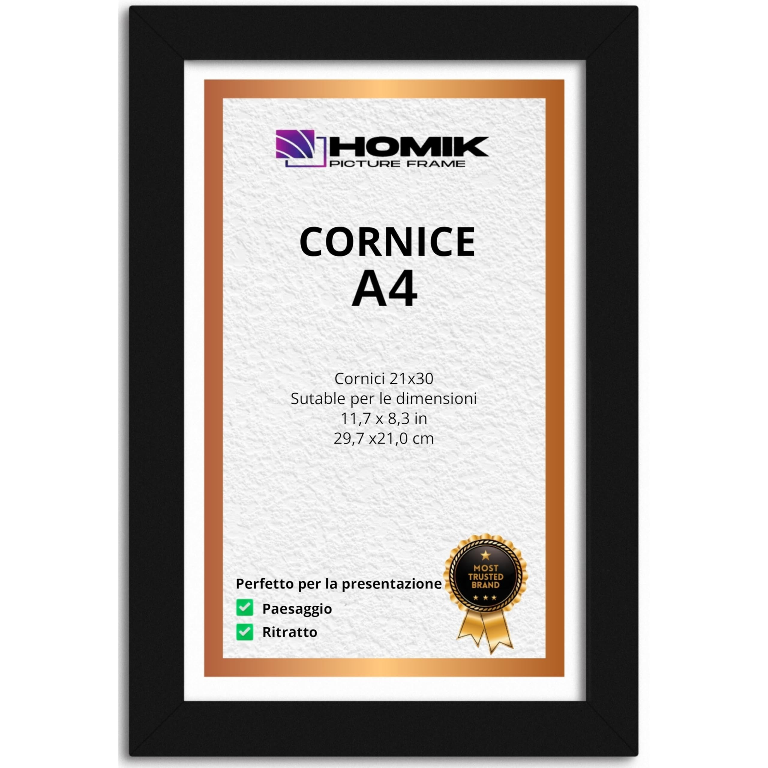 Cornice per Foto A4 | Con Vetro Acrilico Di Sicurezza - Portafoto in Vetro DIN A4 Nera per Decorazioni Interne | Ideale da Regalare e Appendere al Muro