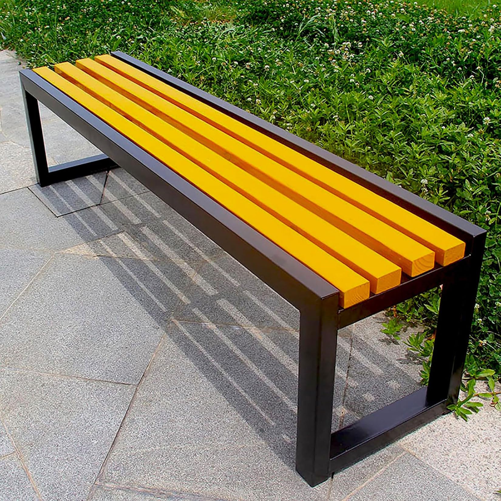 yurstcggh Slatted Seat Bench,Playground Bench No Back,Metal Frame, Wooden Slats,Load-bearing Capacity Up to 200kg,for Apartment Balconies, Schools,Yard,Garden,Park and Lounge Yellow 100×40×45cm