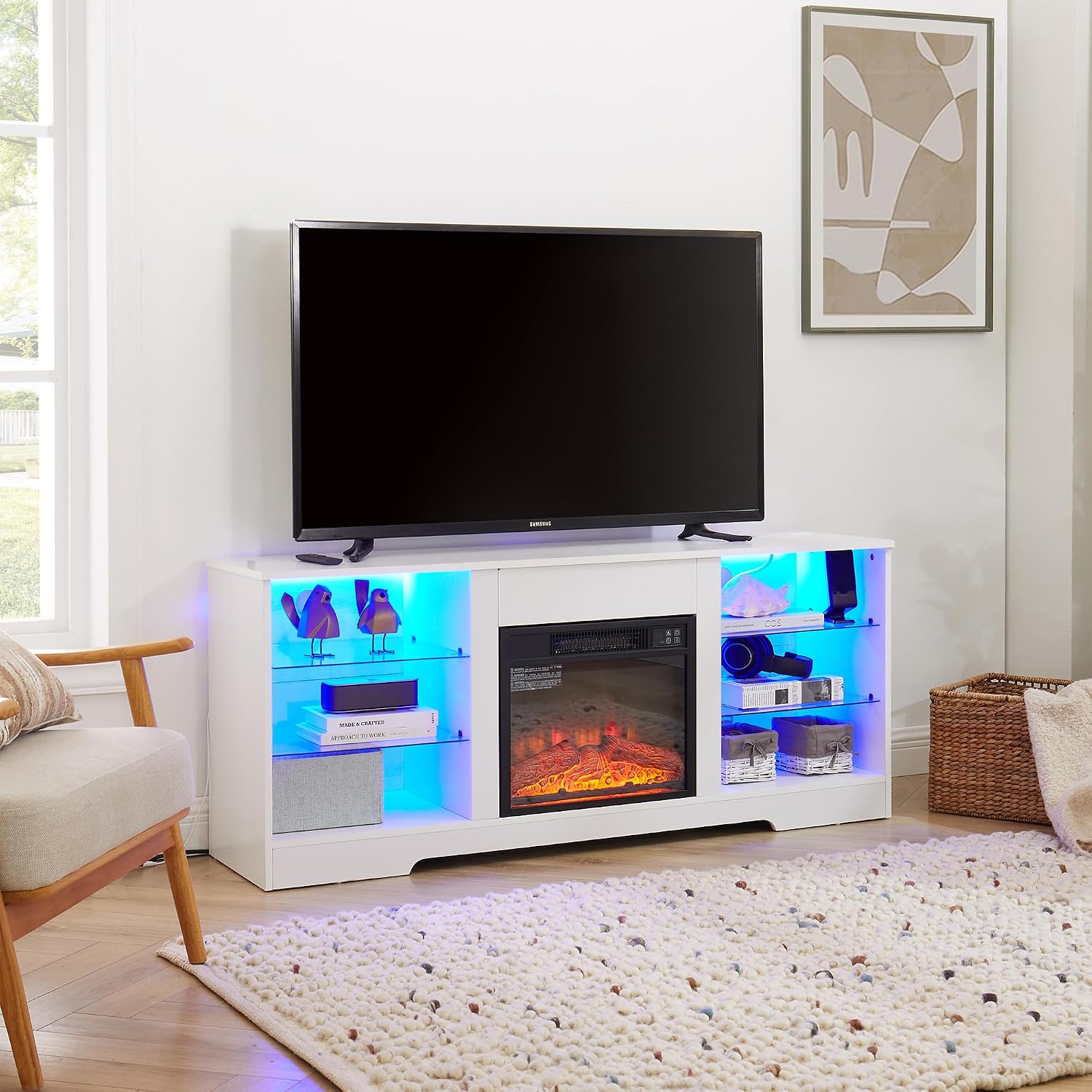 White Fireplace TV Stand with Storage, Entertainment Center with LED Light and Charge Station for Living Room, Console Table Fits for Up to 62'' TV
