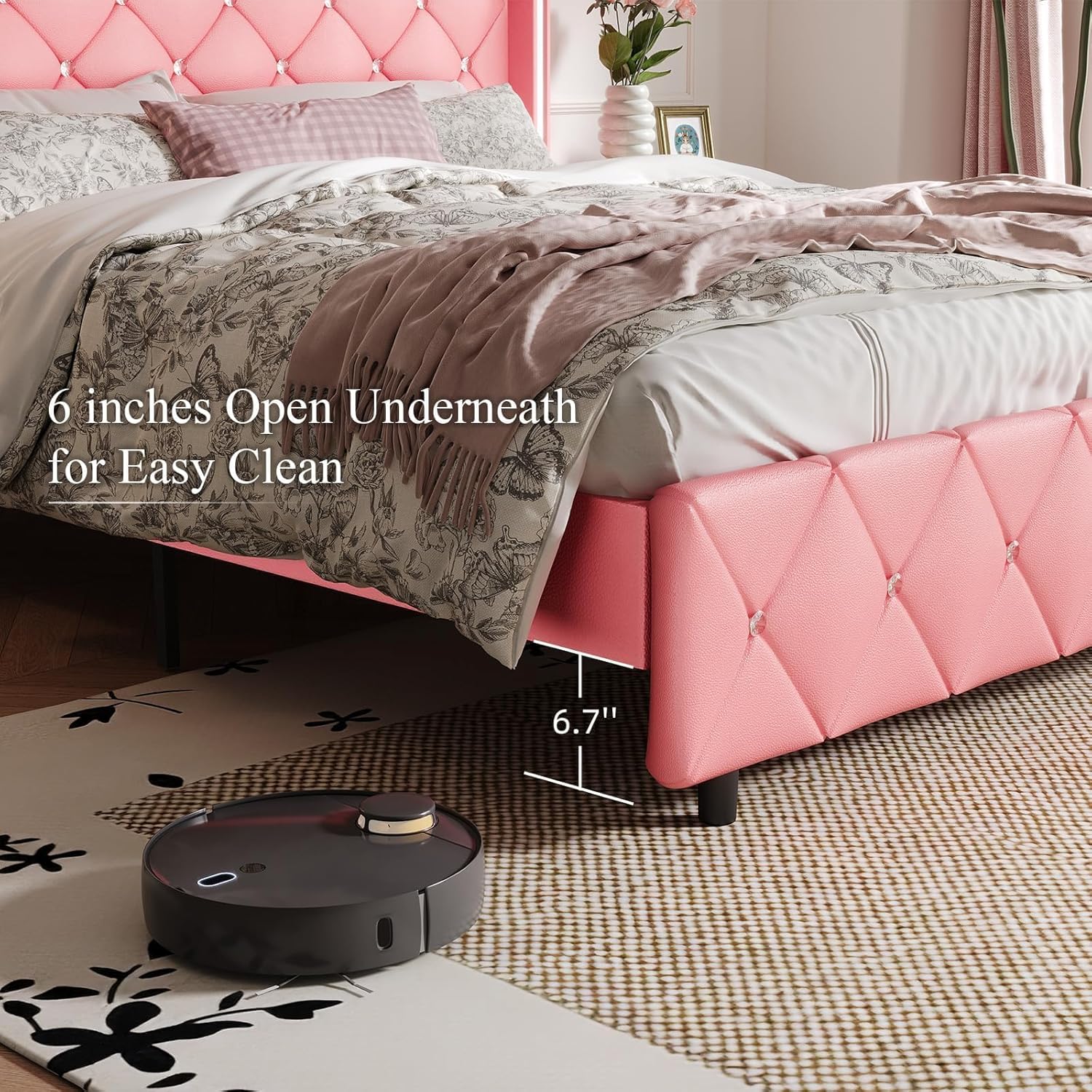 Image showing the 6.7 inch under-bed clearance with a robot vacuum underneath for easy cleaning and storage.