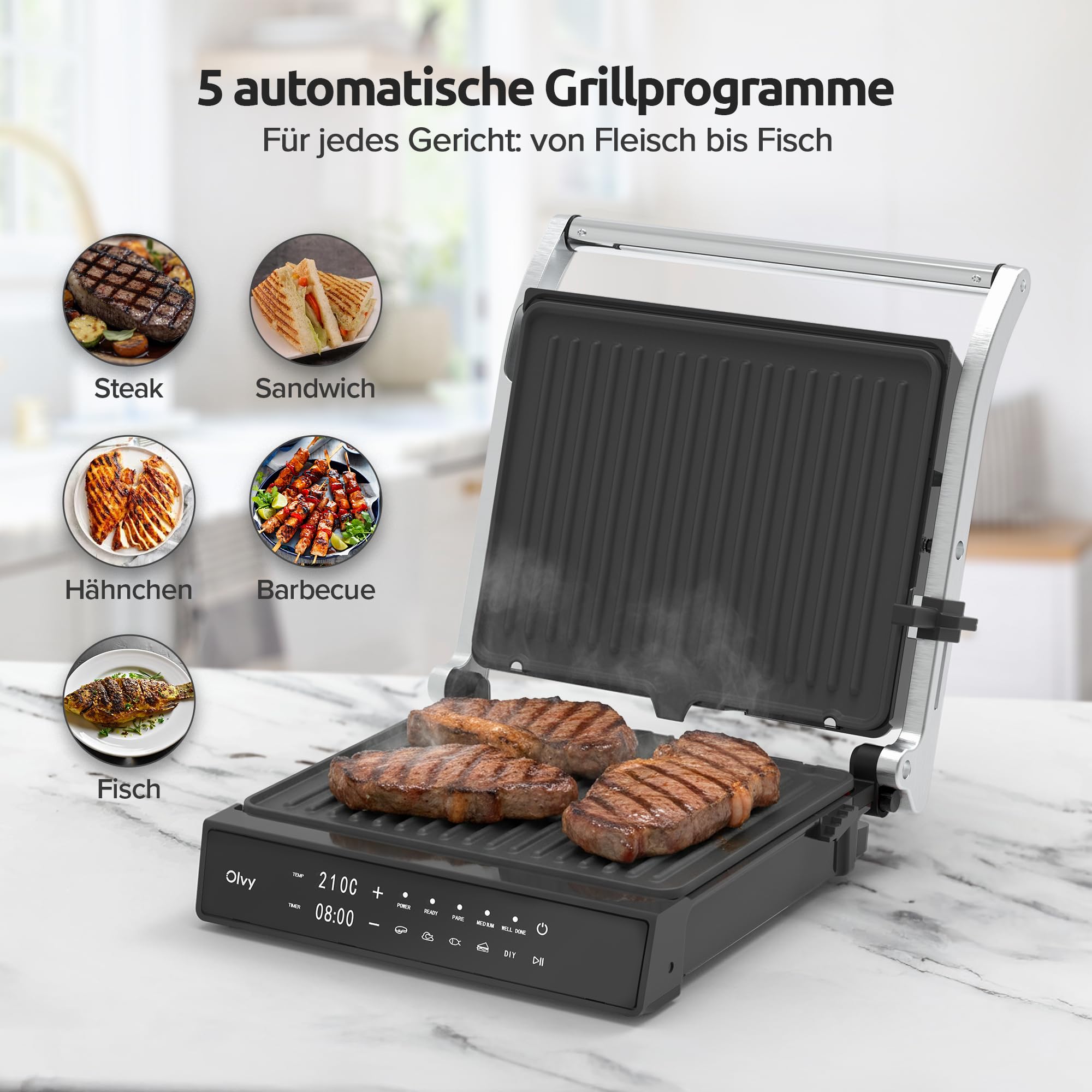 Olvy Kontaktgrill mit Touchscreen – PFAS-frei – 5 Automatische Programme – 180° Öffnung, 2000 W – Abnehmbare Antihaftplatten – Thermostat & Timer – Panini, Sandwich, Steak & Gemüse
