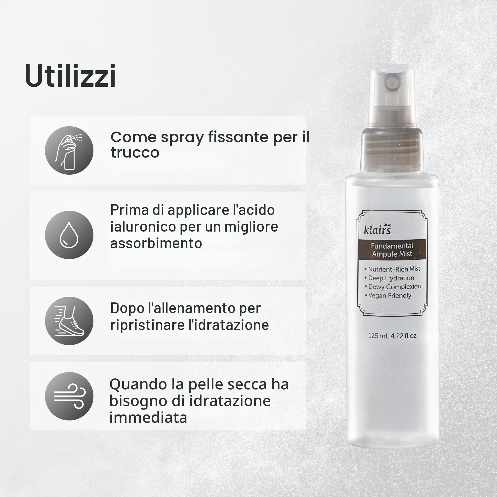 DearKlairs Fiala Fondamentale Mist 4.22 Fl Oz, tutti i tipi di pelle, fiala in una bottiglia