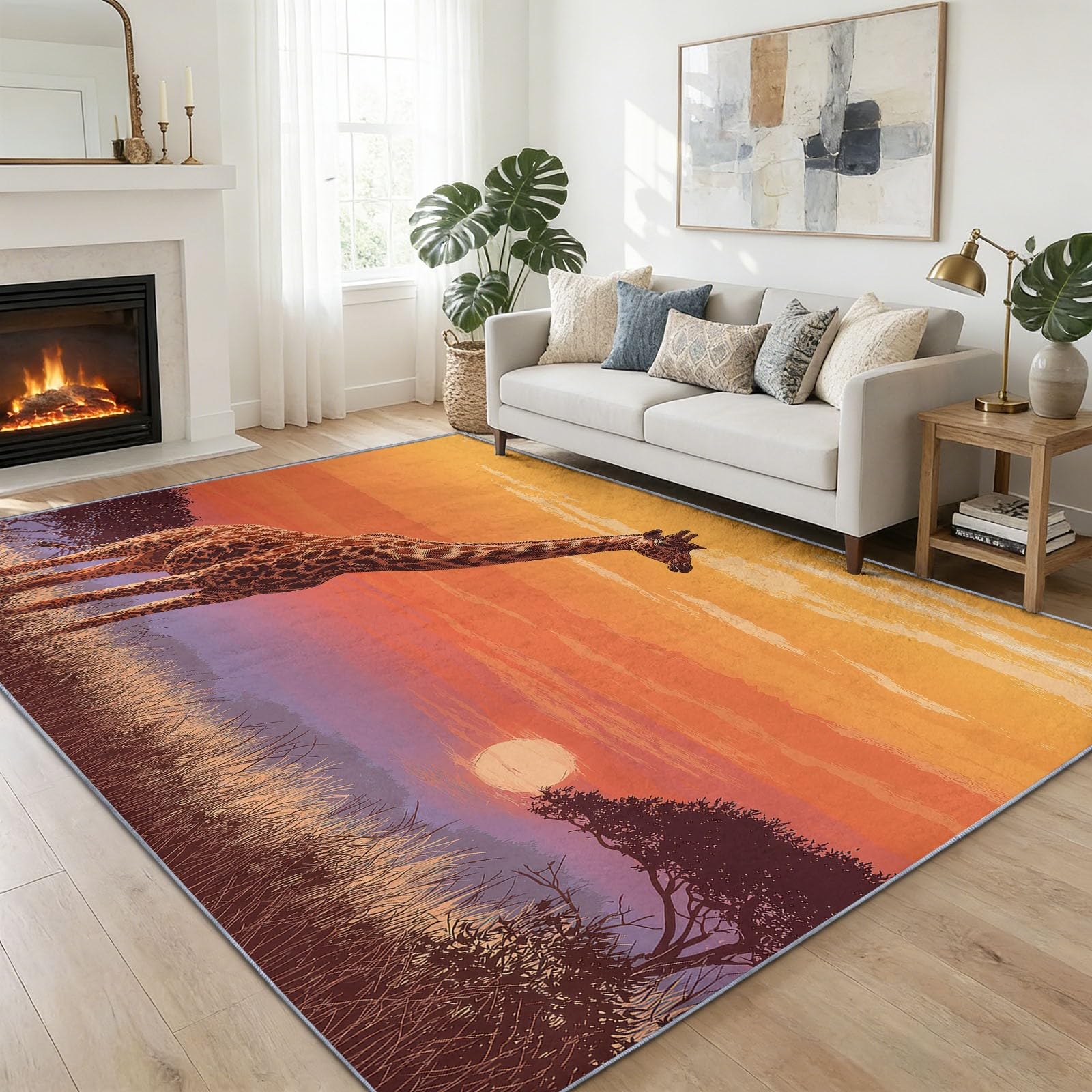 Teppich Wohnzimmer Modern Sonnenuntergangsgiraffe 80x150cm Waschbarer Kurzflor Teppich rutschfest Weich für Flur, Schlafzimmer und Büro, Wohndekoration