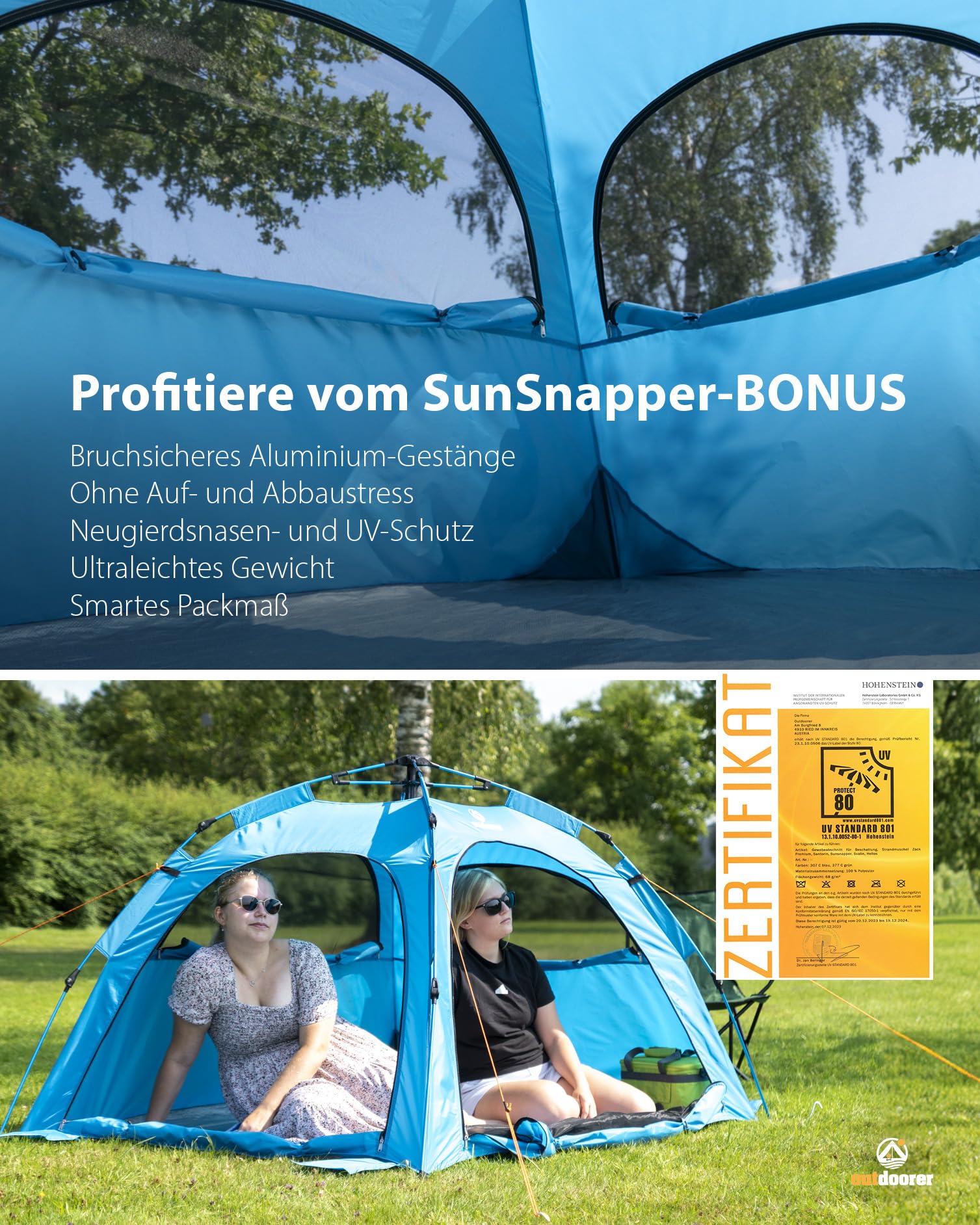 outdoorer UV 80 Automatik-Strandmuschel Sun Snapper Alu Air - ultraleichtes Strandzelt mit UV Schutz 80, Insektenschutz