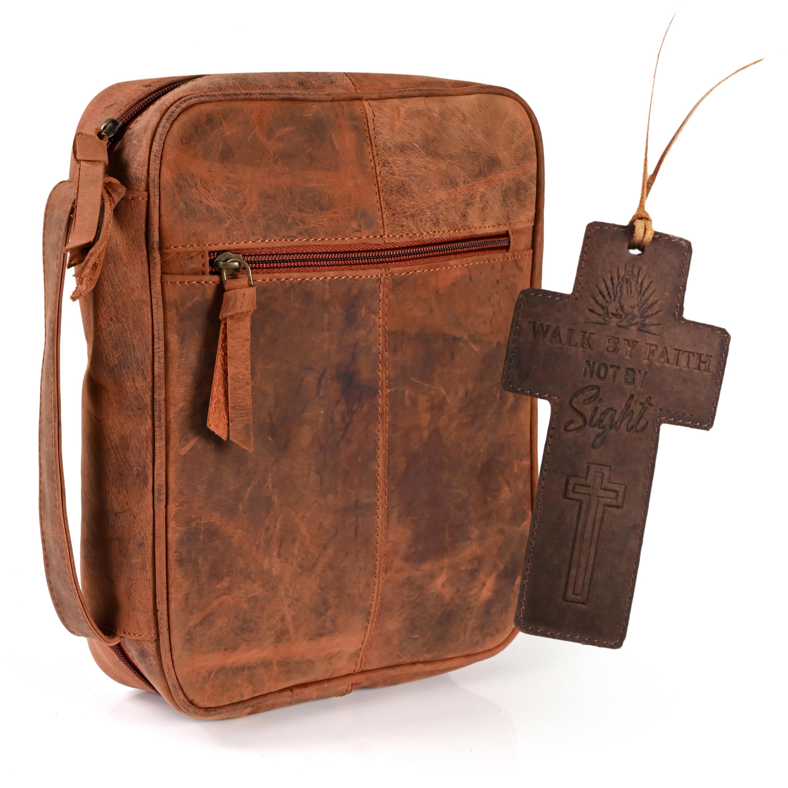 Funda de piel auténtica para hombres y mujeres de 11 x 8 pulgadas, funda de la Biblia con asa y cierre de cremallera, soporte para bolígrafo, múltiples compartimentos de almacenamiento
