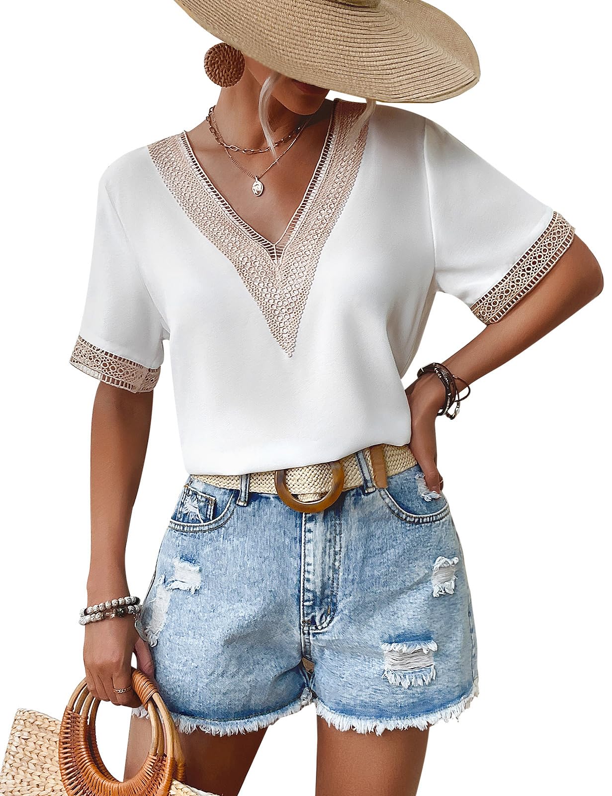 Yuson Girl Camisetas Manga Corta Mujer Camisas Elegantes Blusas Mujer Verano con Cuello en V Color Sólido Blusa de Gasa Suelto T-Shirt Casual Tops