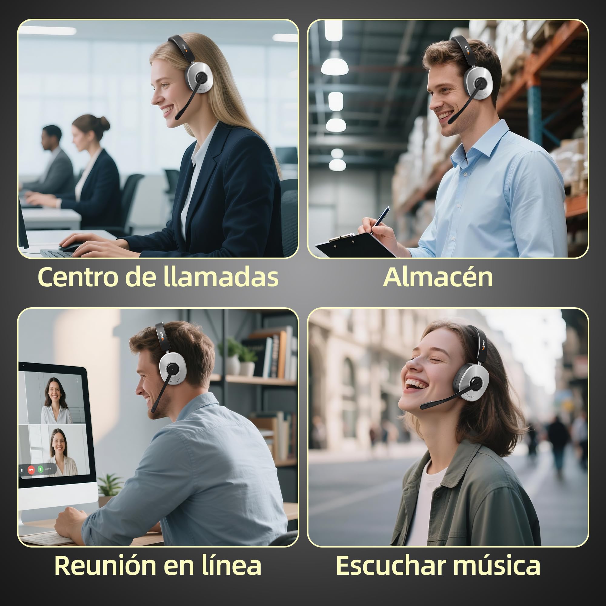 Wantek Auriculares inalámbricos Bluetooth con micrófono, estación de Carga, Dongle USB para PC Oficina Zoom Skype Laptop Centro de Llamadas