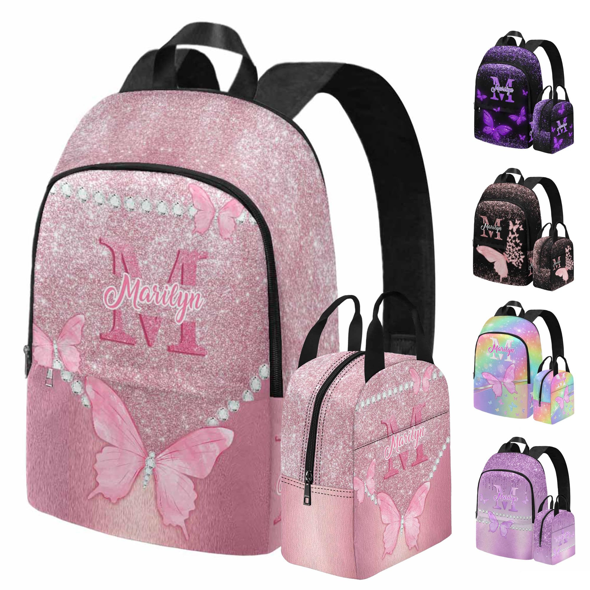Custom Name Backpack for Girl, Personalized Shoulders Bag and Lunch Bag Set for Teens, Butterfly Pattern Knapsack Backpack for Daughter Granddaughter,