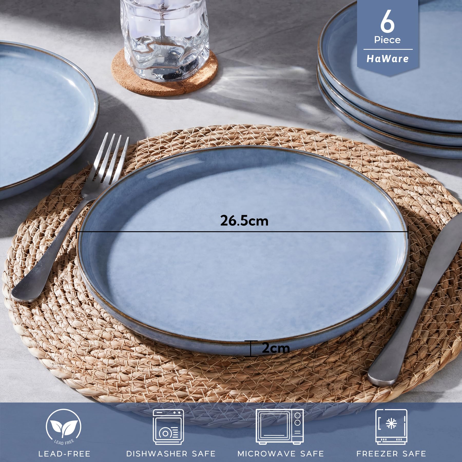 HaWare Set di 6 piatti piani in gres, 26,7 cm, in smalto reattivo, per casa e ristorante, grandi piatti rotondi in ceramica, resistenti a scheggiature e graffi, adatti al microonde e alla