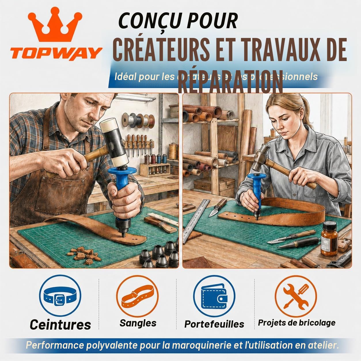 TOPWAY Ensemble de Poinçons Creux 14 Pièces, Coupe Perforateurs en Cuir Professionnel de 5-35mm avec Poignée de Serrage pour Ceinture de Travail du Cuir Joints en Caoutchouc Bracelet de Montre