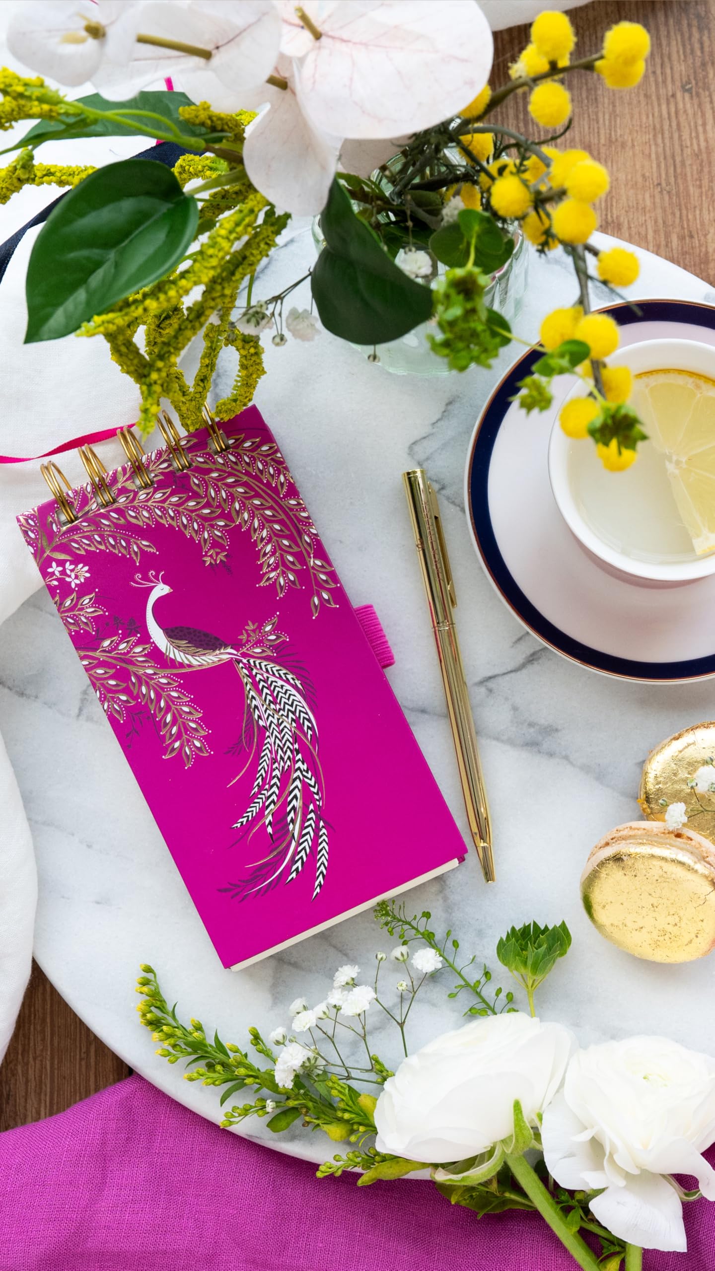 Portico Designs Ltd Sara Miller Anniversary Peacock Notebook with Gold Pen, Magenta Pink with Gold Foil Design, Spiral Bound