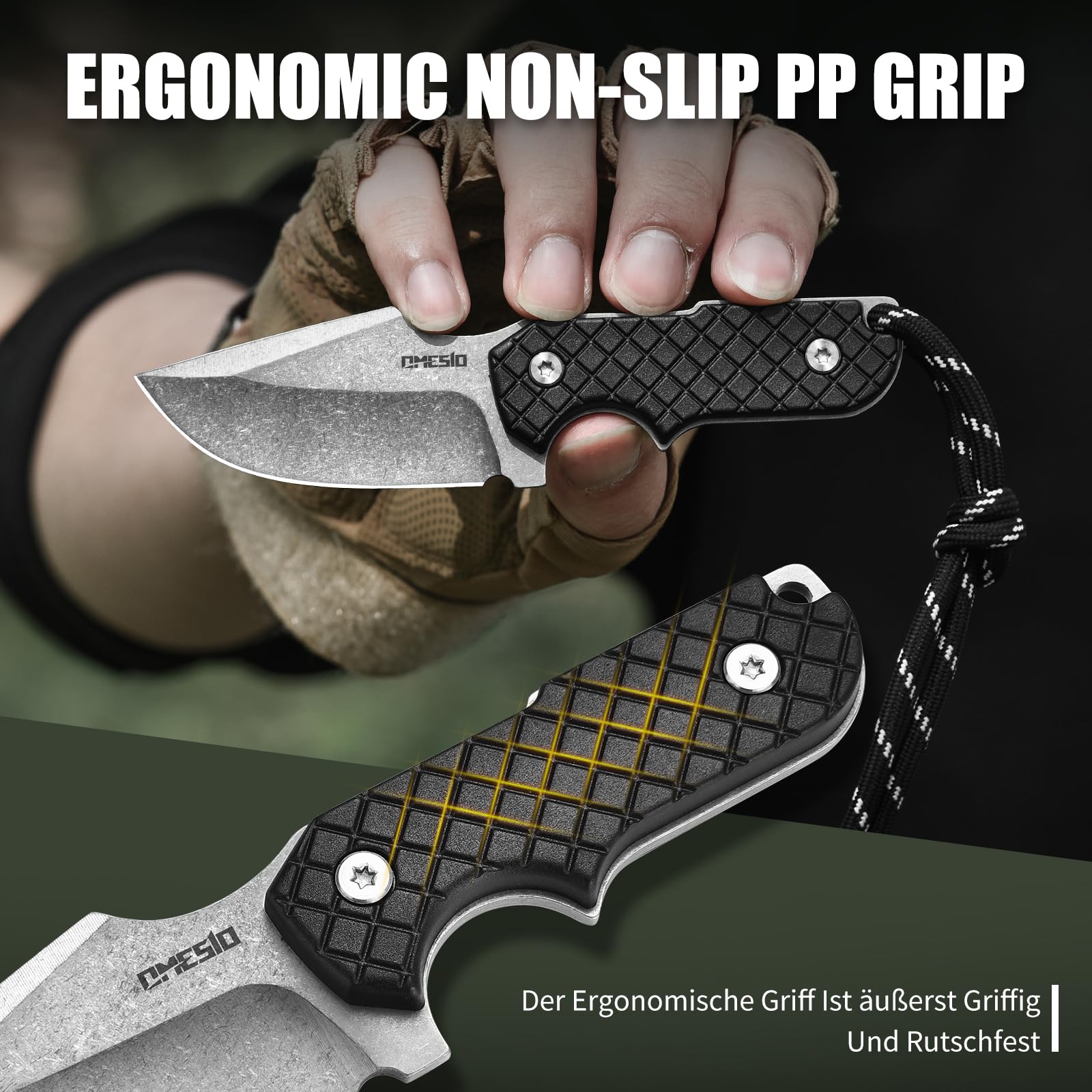 Omesio M-ZS21 Spanto Knife 5Cr13MoV Full Tang G10 Kydex | Nóż EDC ze stali 5Cr13MoV, ostrze Spanto, rękojeść PP, pochwa Kydex z linką paracord i akcesoriami outdoor