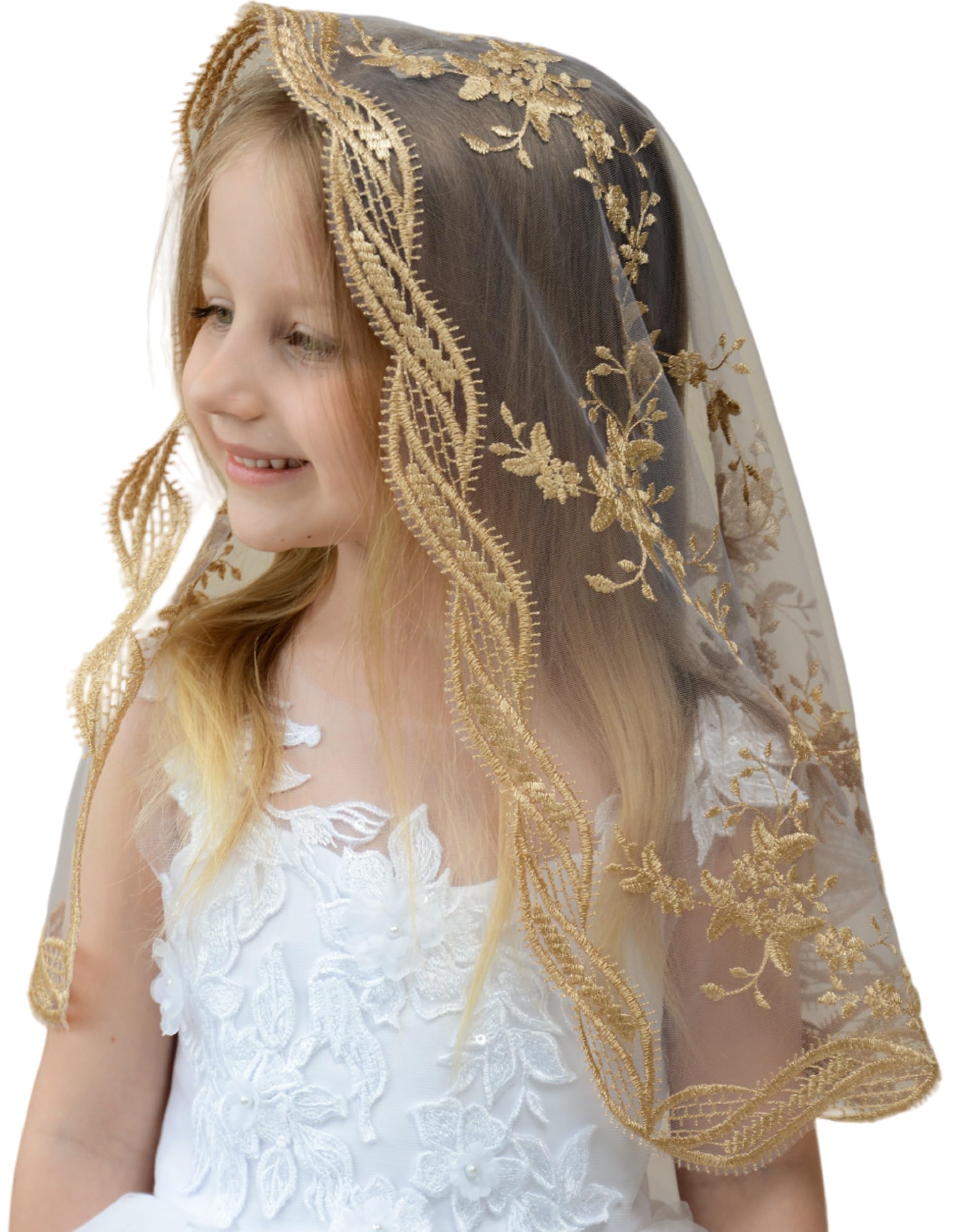 Girls Mantilla Veils Church Mass Veil First Communion Veils Lace Chapel Veil Mantilla Veils Latin Mass Church Veil. (Gold/Ivory)