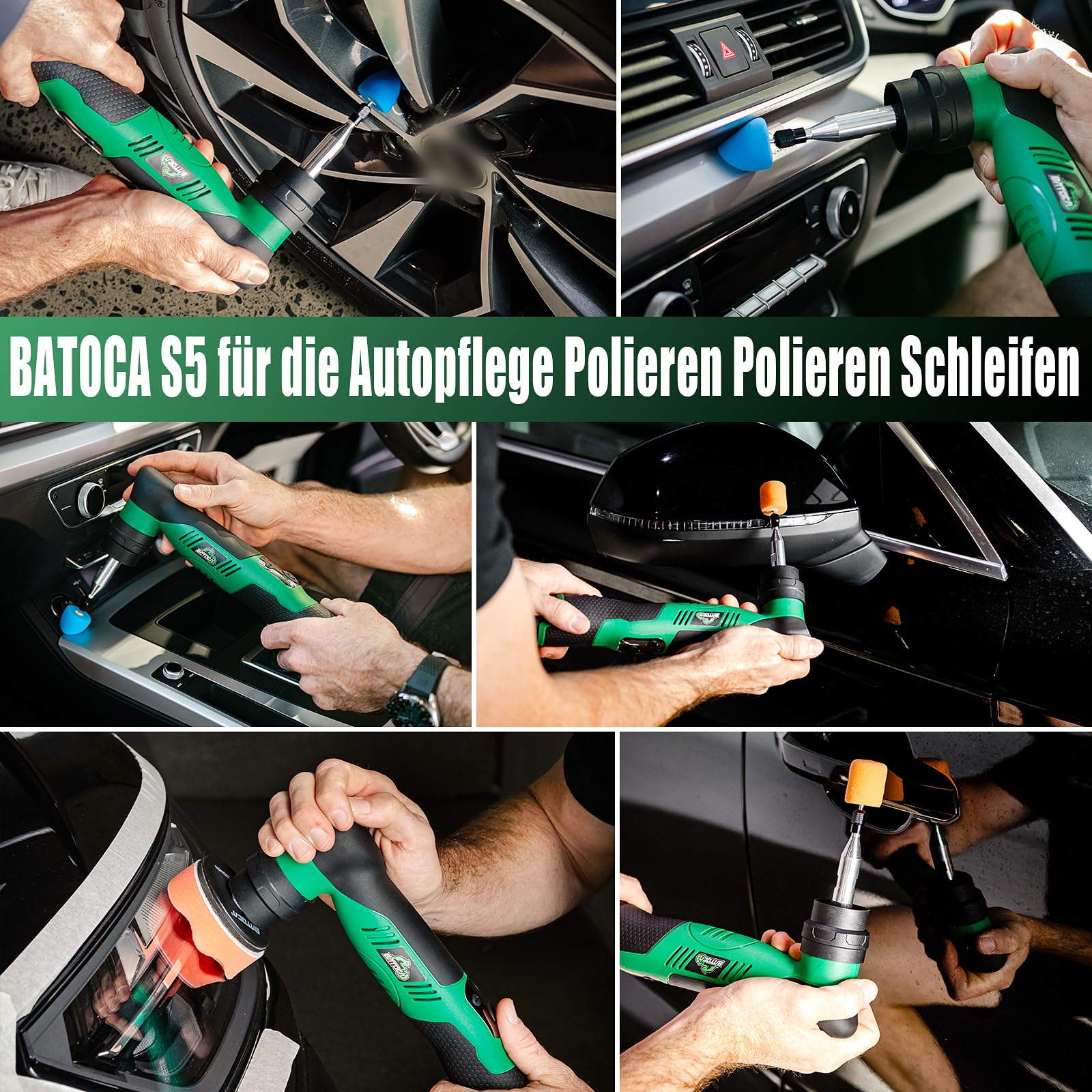 BATOCA S5 Mini Akku Poliermaschine, Rotations und Exzenter Poliermaschine, Auto Polierer Set mit 2 12V 2.0Ah Batterie, 25mm/50mm/75mm Polierteller, für die Autodetailing, Scheinwerfer Aufbereitung Set