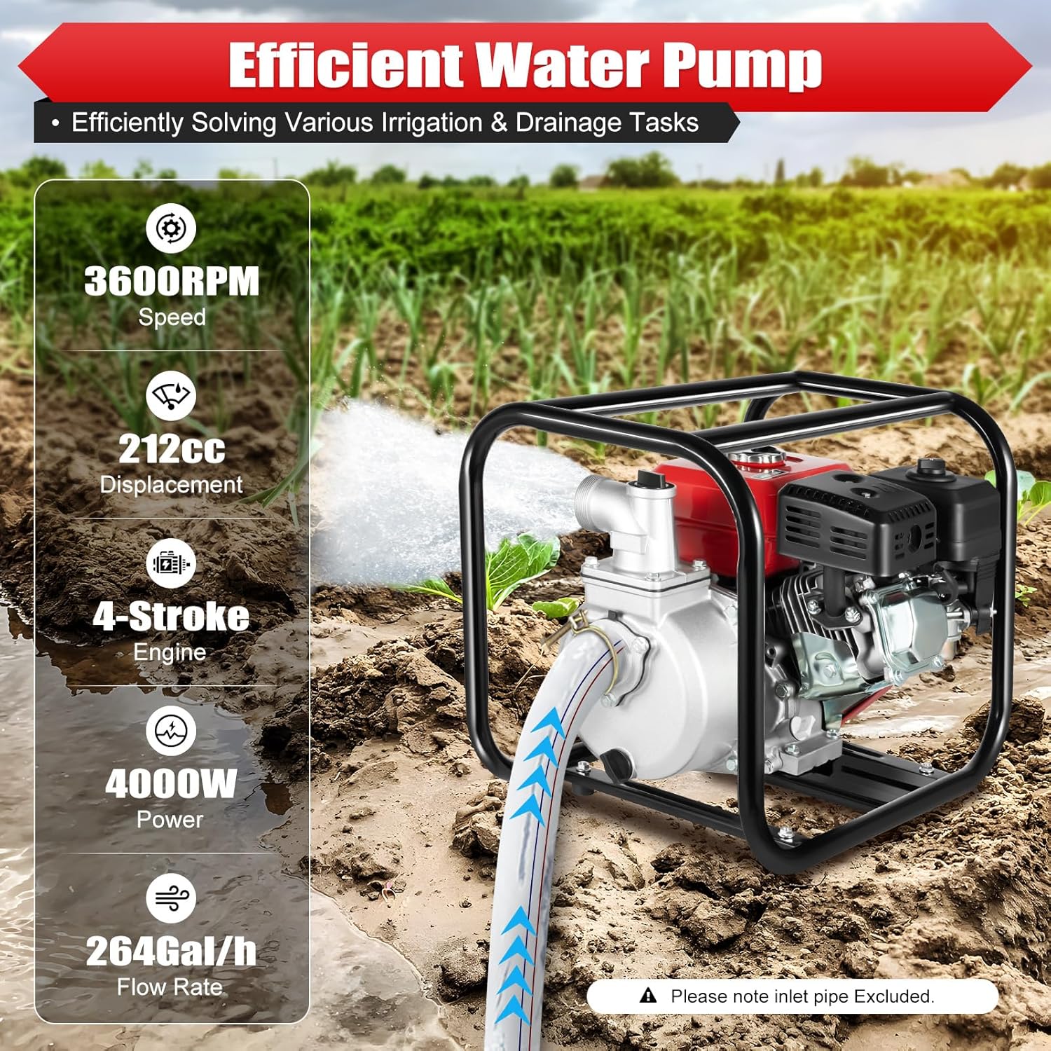 7.5 HP 2" Portable Gas Powered Water Pump,212cc 4-Stroke Gasoline Water Pump w/ 7.5m Hose, for Farmland Watering, Garden Irrigation