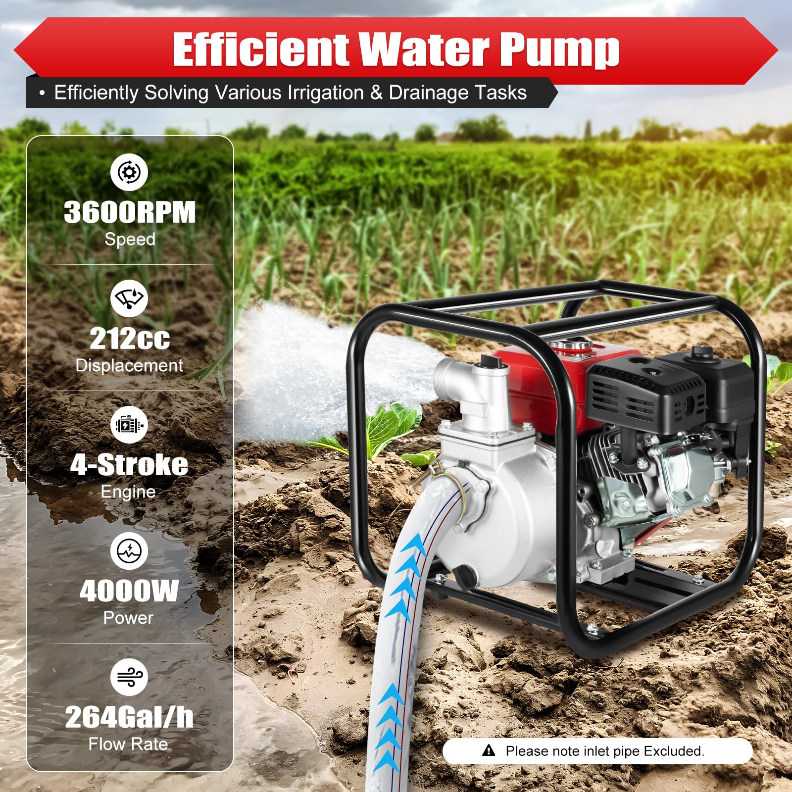 Gasoline Water Pump 212cc 4-Stroke, 2 Inch Trash Pump With 24.61ft Water Pipe, High Pressure 85.3ft Pump Lift, 7.5HP Diesel Water Pump For Farming Irrigation Pool