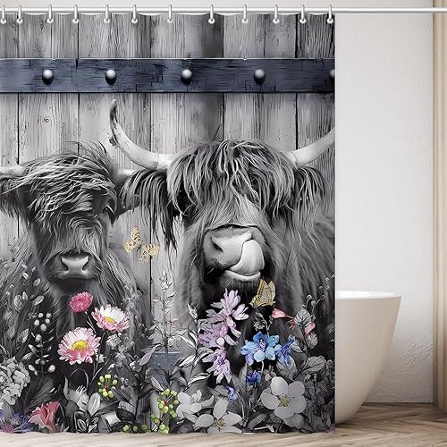 Miniatura 8 de Romantic Angels Cortina de ducha de vaca occidental de 72 x 72 pulgadas, decoración de baño de vaca de las tierras altas, juego de cortinas de ducha