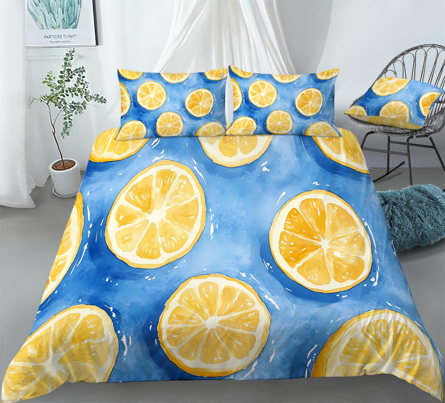 Housse de couette citron jaune parure de lit 4 pièces 200x200 pour chambre double