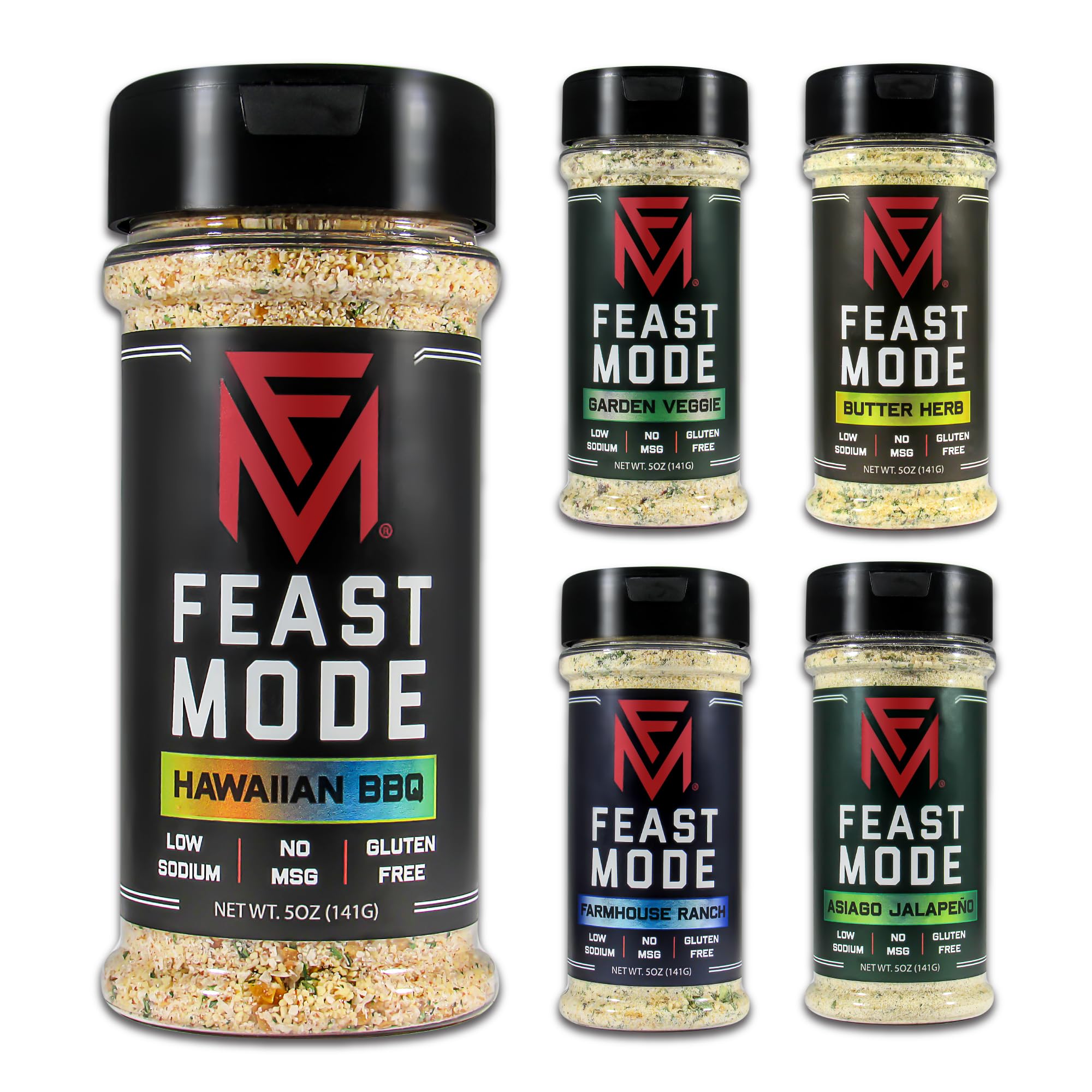 Feast Mode Flavors | Gainz Pack | 5 count | 5oz seasonings | Hawaiian BBQ | Garden Veggie | Butter Herb | Farmhouse Ranch | Asiago Jalapeno | meal