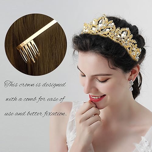 Miniatura 3 de Tiara dorada y corona para mujer, diadema de cristal con peine de diamantes de imitación, postizo de princesa para niñas, accesorios para el cabello