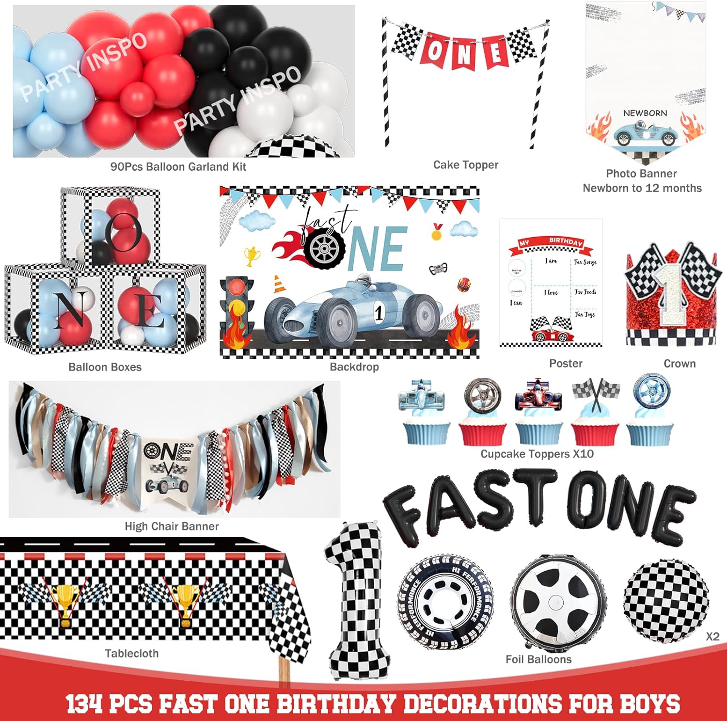 Fast One Birthday Decorations for Boys – Race Car First Birthday Party Supplies with Backdrop, Cake Topper, Banner, Boxes, Foil Balloon, Cupcake Topper, Poster