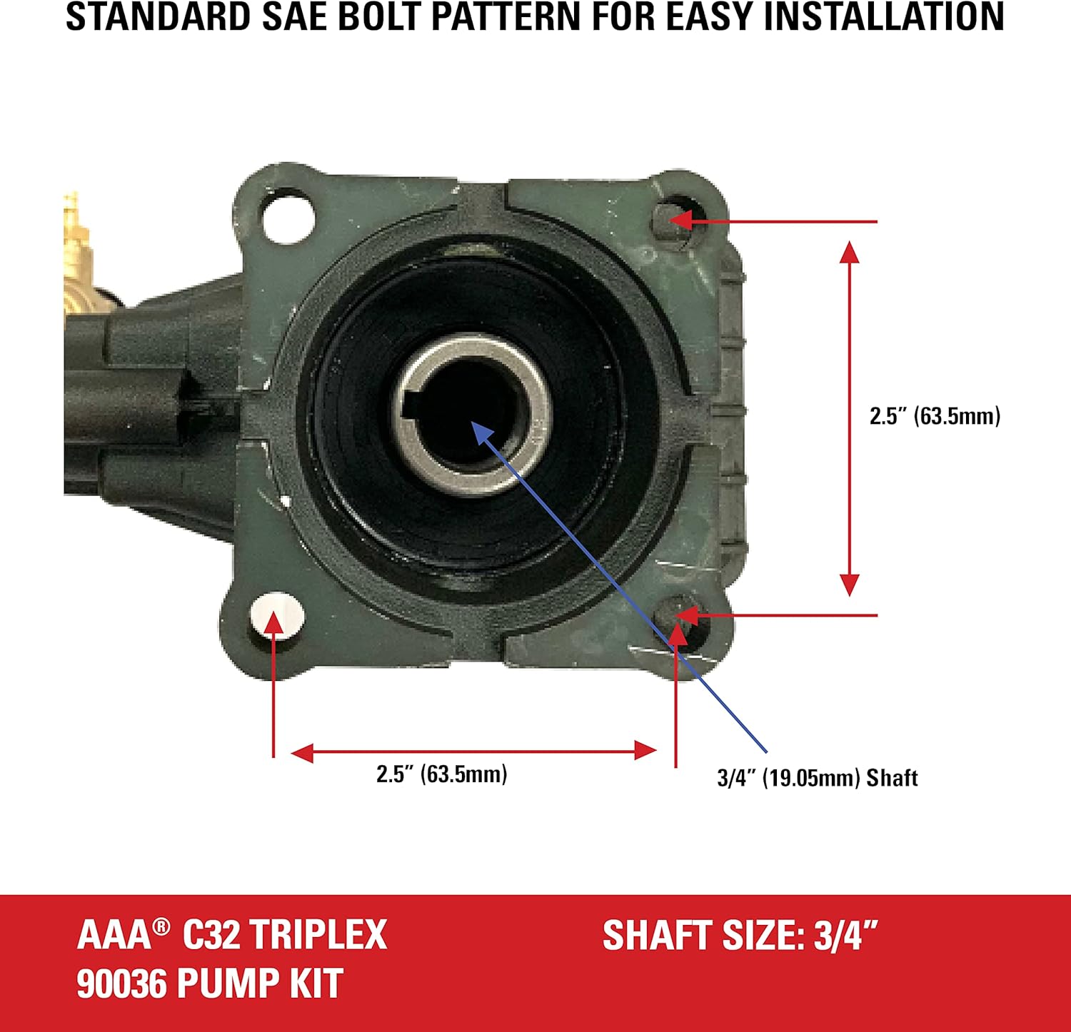 AAA 90036 Horizontal Triplex Plunger Replacement Pressure Washer Pump Kit, 3200 PSI, 2.8 GPM, 3/4" Shaft, Includes Hardware and Siphon Tube, for Industrial Gas Powered Machines, Black