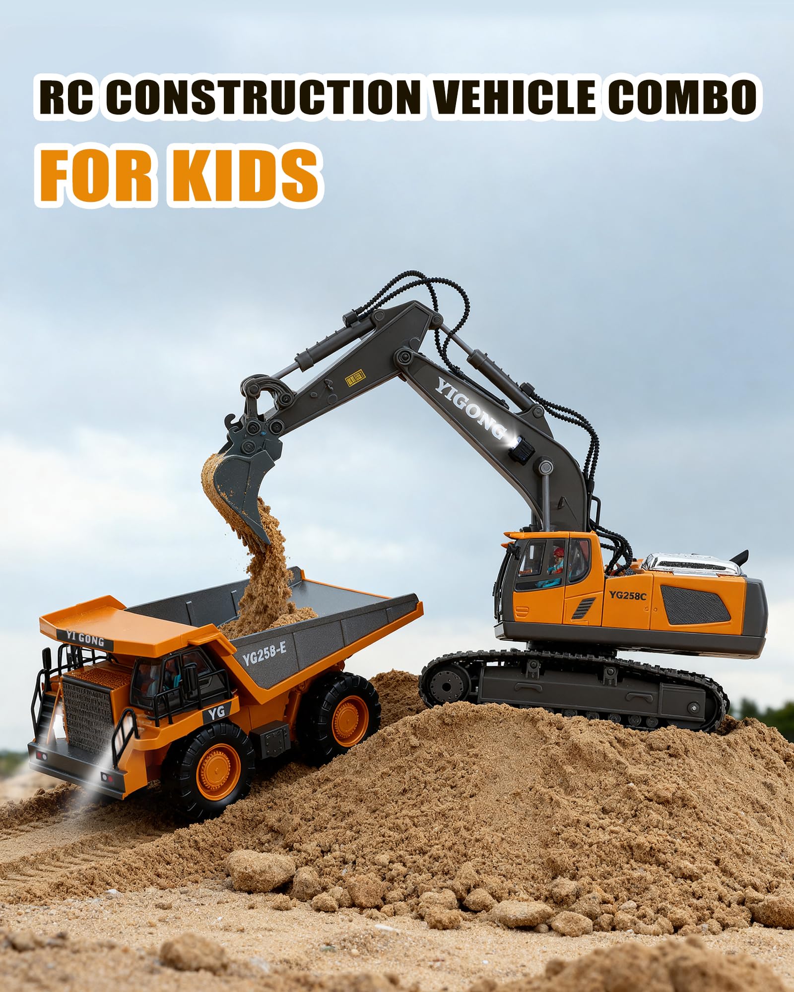 HuiJuKeJi 11-Channel Remote Control Excavator Toy, Rechargeable 2.4 GHz RC Construction Vehicle for Kids, 680° Rotation | Metal Shovel | Lights & Sounds, for Boys Ages 6-12