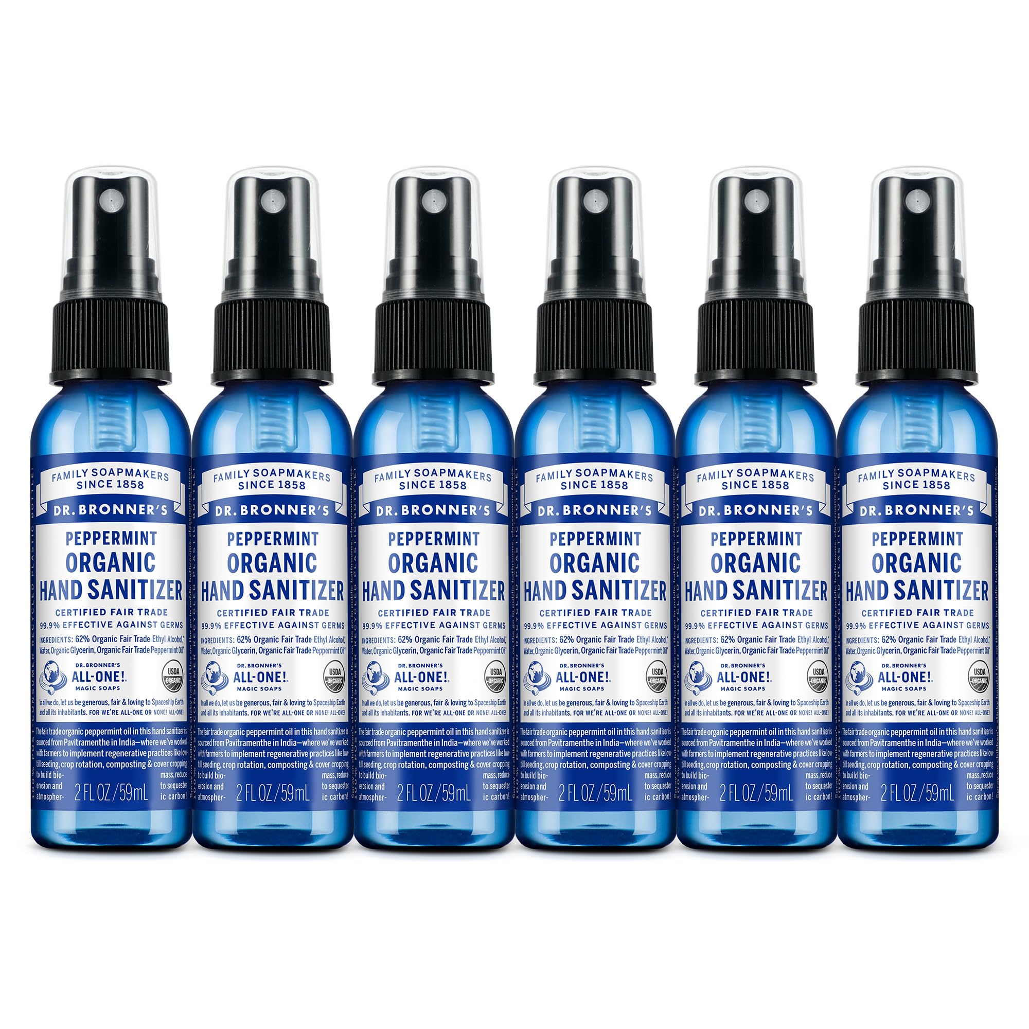 Dr. Bronner's Organic Hand Sanitizer Spray Variety Pack Travel Size Bulk, Simple & Effective Formula, Scented, No Harsh Chemicals - Peppermint, 2oz (6-Pack)