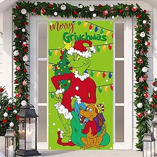 Grinchs Christmas Door Cover,Christmas Door Decoration,Grinchs Whoville Backdrop for Front Door Decor Holiday Xmas Party Supplies 70.8x35.4Inch