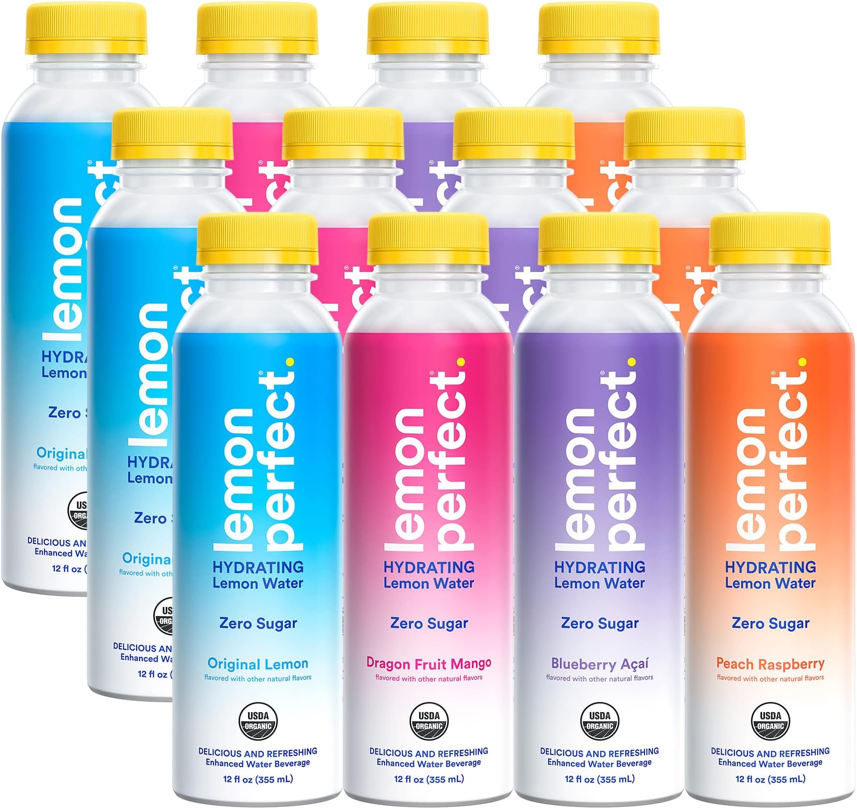 Hydrating Organic Lemon Water, Zero Sugar, Flavored Water, Squeezed from Real Fruit, Plastic Neutral, No Artificial Ingredients, Variety Pack (12oz Bottles) 12pk