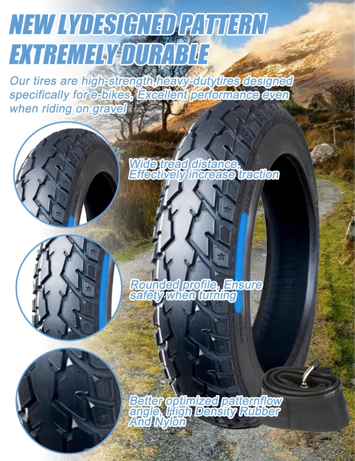 Set di pneumatici e camere d'aria per bici elettrica 16 x 3,0 76-305, design a 8 livelli, 16 x 3,0, antiforatura, per bici elettrica con valvola piegata, camera d'aria compatibile con E-Bikes Dirtbike