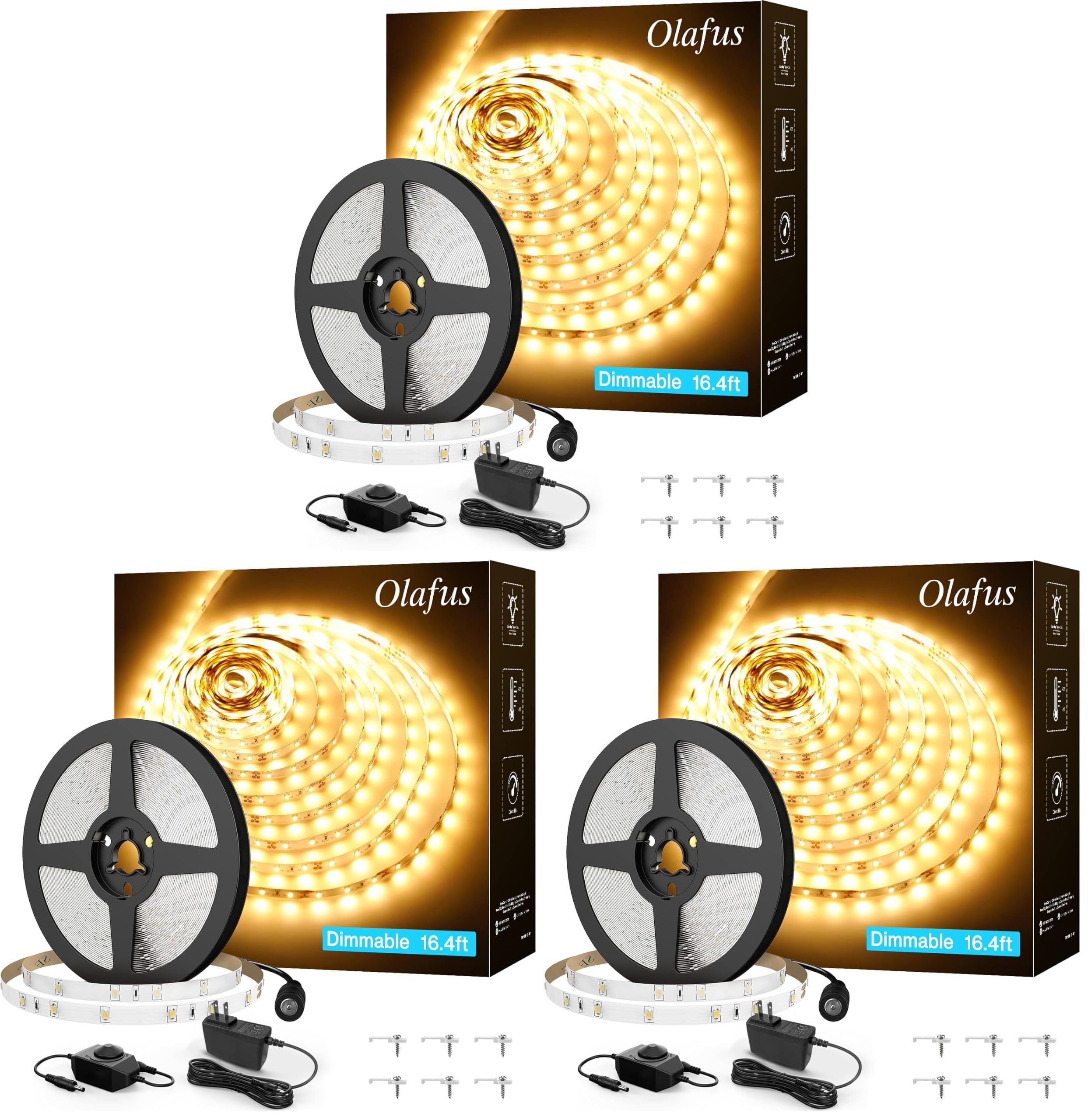 Olafus 16.4ft LED Strip Lights Warm White Dimmable, LED Rope Light Kit 12V Flexible Under Cabinet Lighting Strips, 5m 300 LEDs 2835, 3000K Bright Led Lights for Bedroom, UL Listed Plug (Pack of 3)