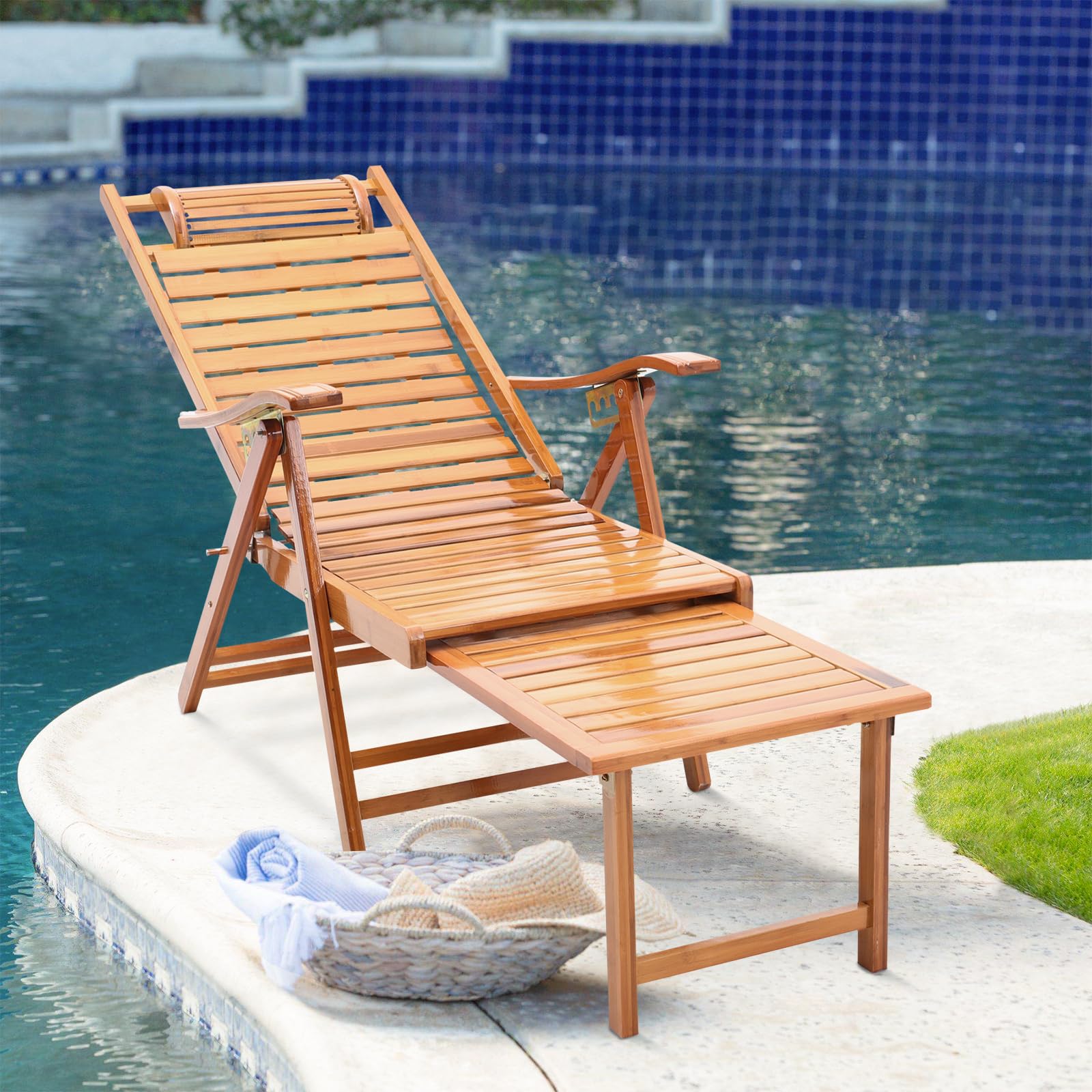 Warmiehomy Foldable Sun Lounger Bamboo Garden Sun Loungers 5-Position Backrest Adjustable Recliner Chair with Headrest Beach Deck Chairs with Footrest for Garden Patio Poolside