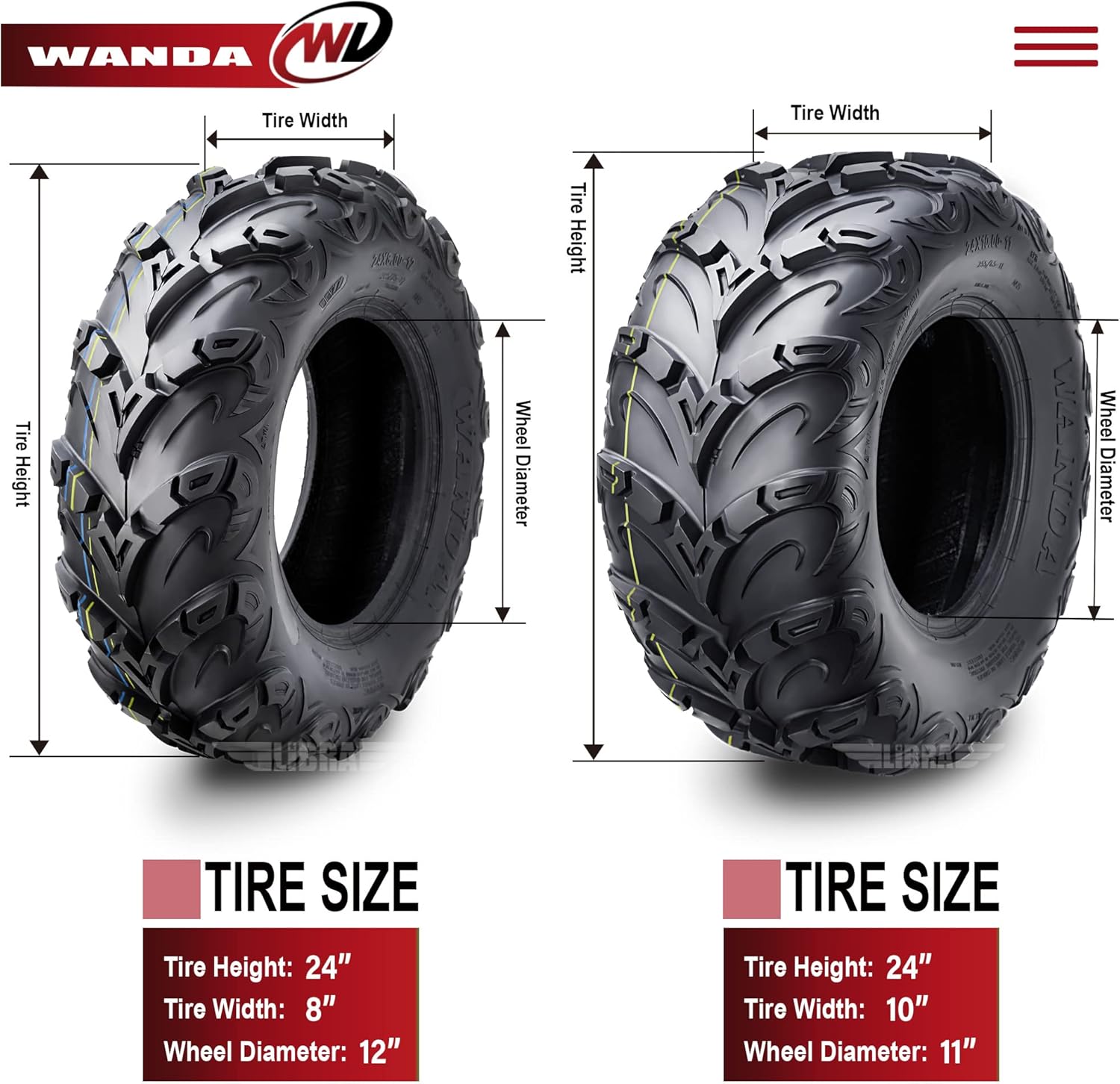 WANDA Mud Sling 8 Ply ATV Tires 24x8-12 & 24x10-11 Fit 04-17 Honda Fourtrax Rancher TRX400 420