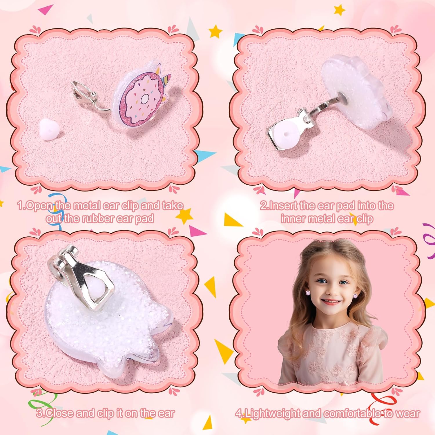 6 Pairs Clip On Earrings for Kids, Cute Princess Resin Clip On Earrings No Pierced Kids Jewelry Donut Cupcake Rainbow Design Dress Up Jewelry for Toddler Girls Party Gift - Image 5