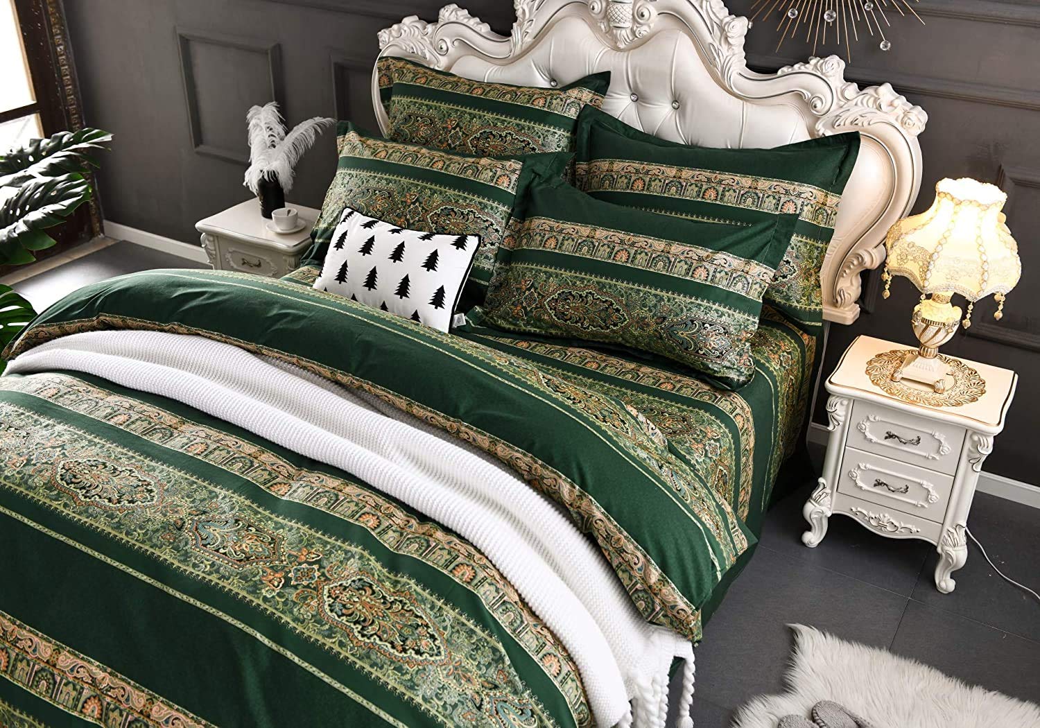 Lanqinglv Ropa de cama 200 x 220 cm, color verde oscuro, bohemio, indio, reversible, juego de ropa de cama doble, funda nórdica con cremallera y 2 fundas de almohada de 80 x 80 cm