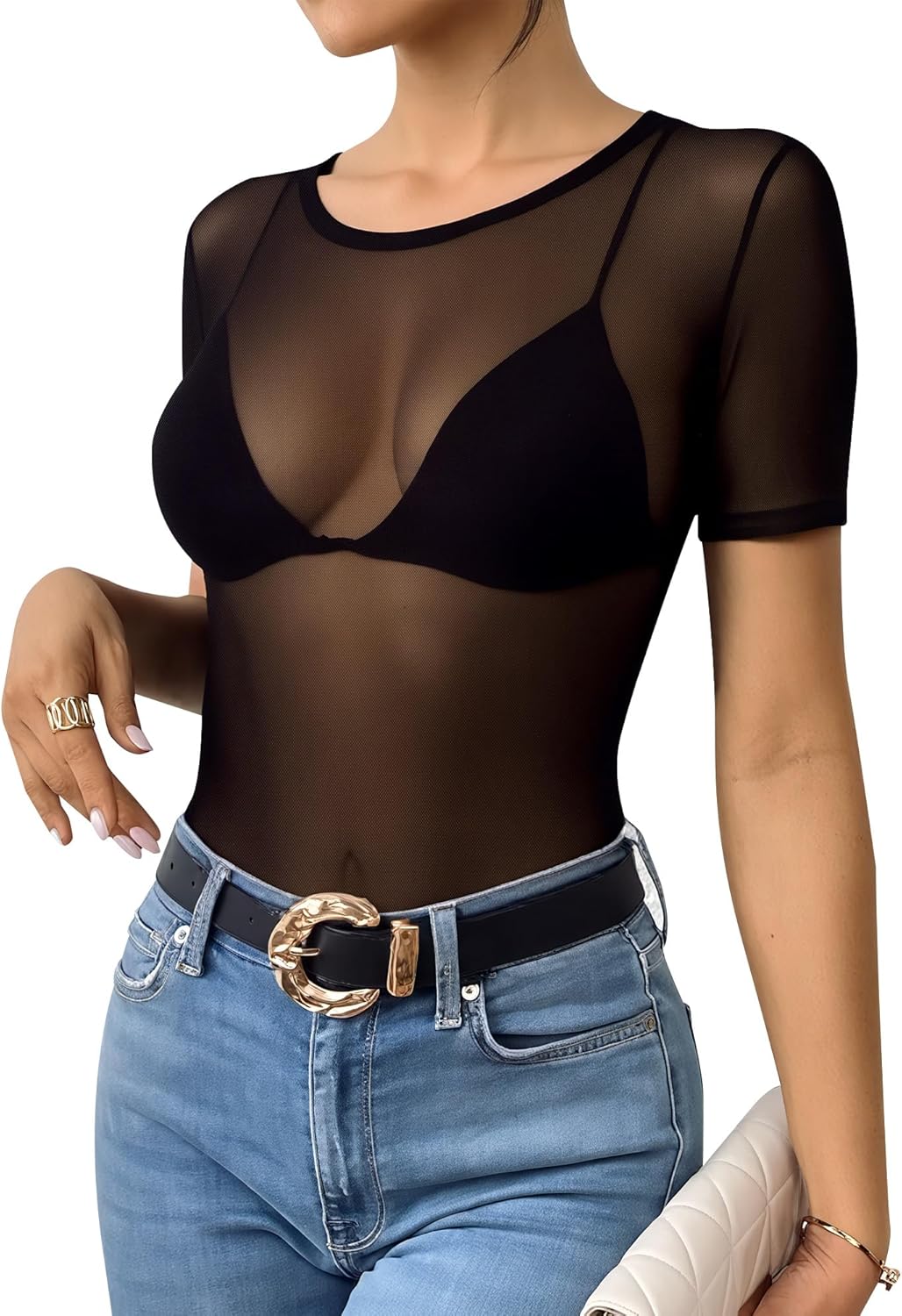 MANGOPOP Women's Mesh Bodysuit Sheer Geo Print Short Sleeve Long Sleeve Body Suit Sexy See Through Shirt Tops - Image 2