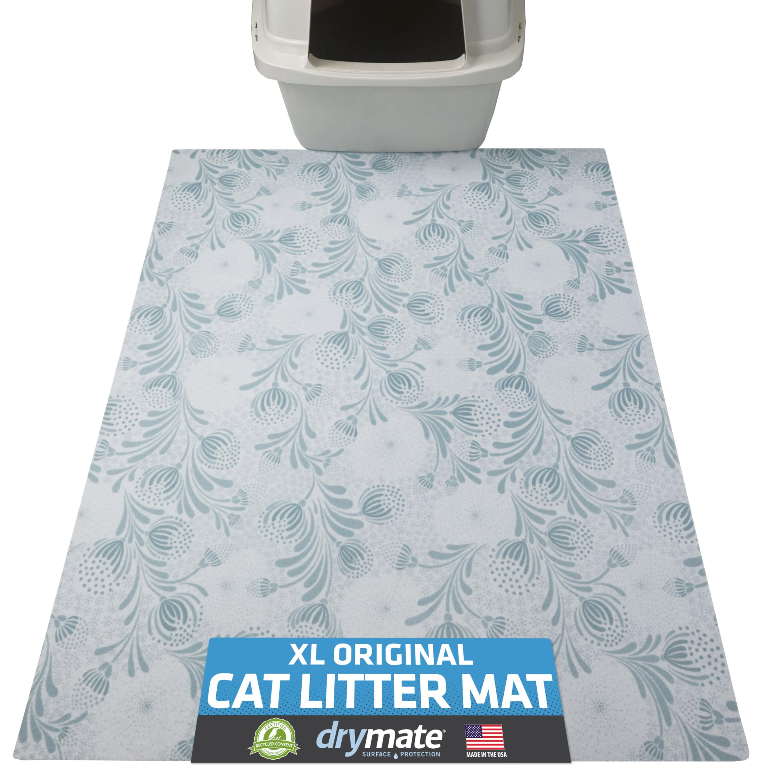 Drymate XL Original Cat Litter Mat, Contains Mess from Box, Protects Floors, Urine-Proof, Machine Washable, Soft on Kitty Paws, Absorbent, Waterproof (USA Made, Recycled Content)(29”x36”)(Blue Floral)