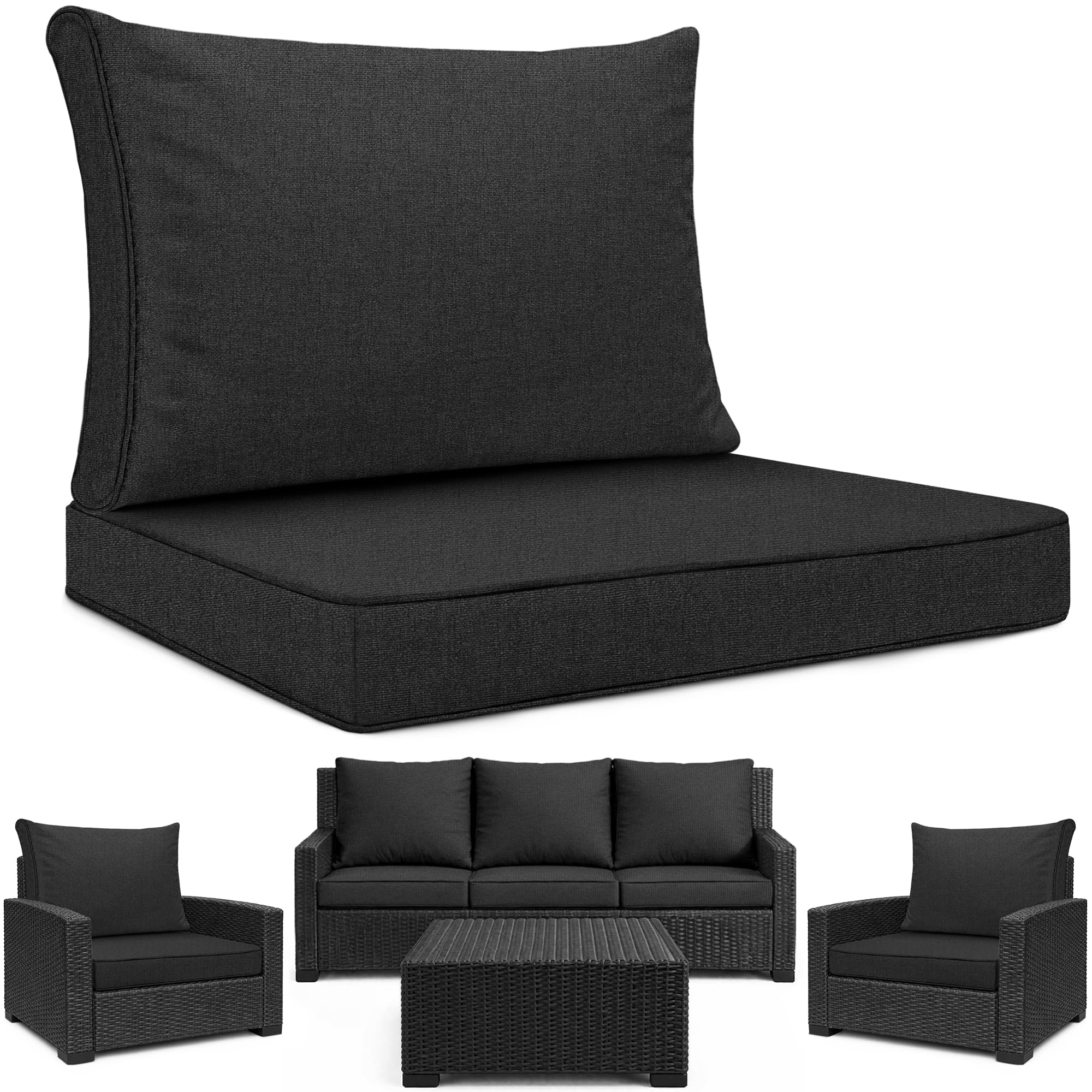 SAPPHIRE Outdoor Seat Cushion Pads for Rattan Furniture | Water Resistant Seat & Back Cushions | For Keter Allibert California Garden Furniture | Soft & Durable Chair Seat Pads (Black, 3 seater)