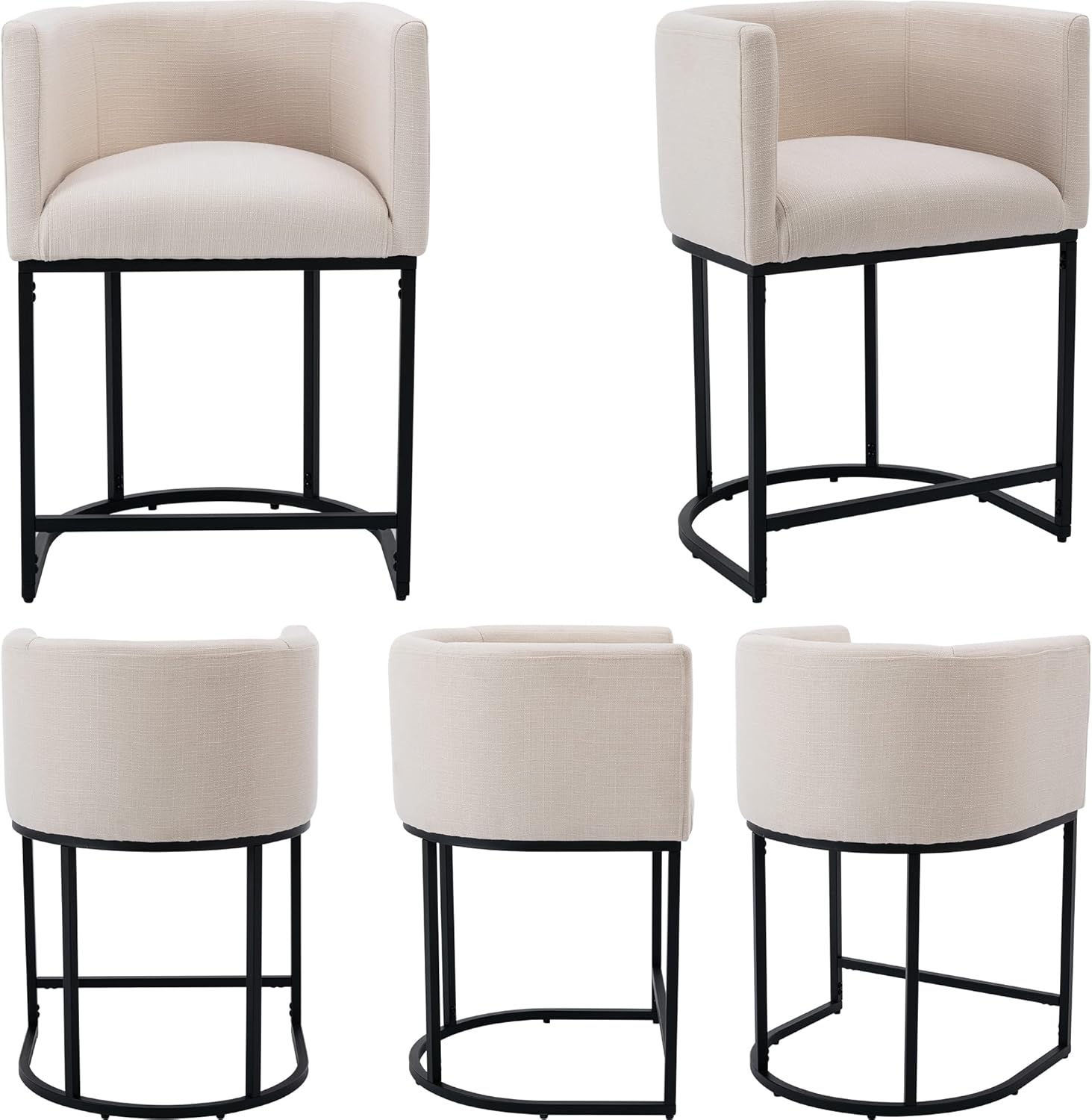 Wahson Modern Bar Stools Set of 1, 24" Linen Upholstered Counter Height Kitchen Island Stools Bar Chairs with Black Metal Frame, Cream Cream Linen & Black Legs - 1 Pack 24" H Counter Height