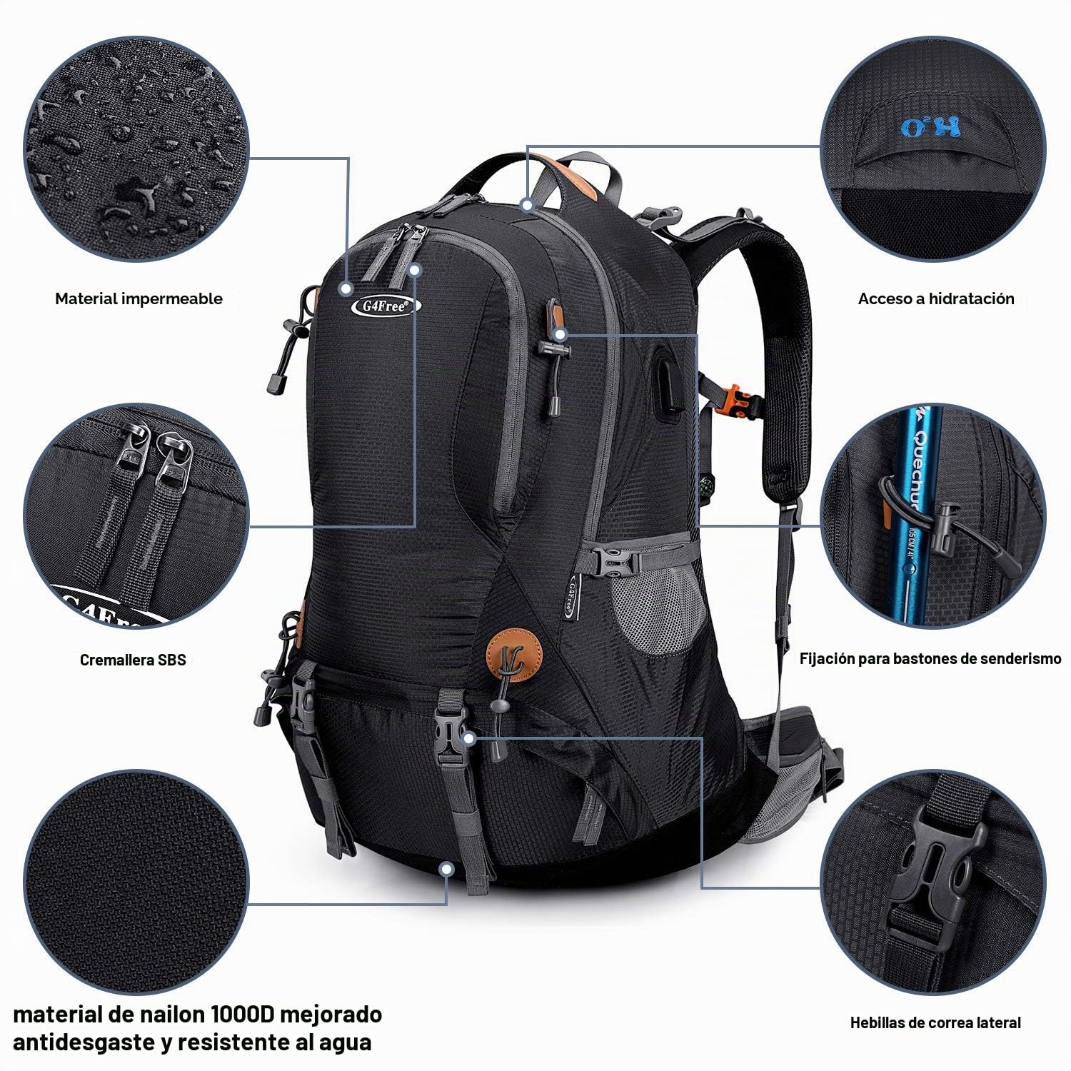 G4Free - Mochila de senderismo impermeable de 50 l con funda de lluvia para montañismo, viaje, camping, trekking, deportes al aire libre para hombre y mujer, negro, L, Mochilas
