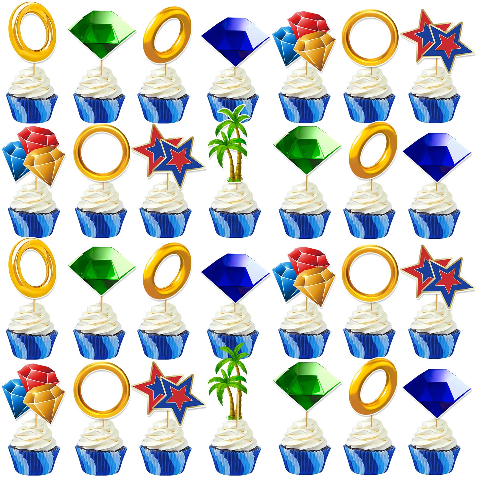 Tentaquil 48pcs Blue Hedgehog Theme Cupcake Toppers - Video Game Party Decorations Kids Birthday Cake Picks Cartoon Style Party Supplies