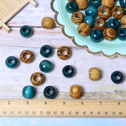 Miniatura 6 de 50 cuentas de madera con agujero grande para manualidades de macramé, cuentas de madera sueltas redondas a rayas azules a granel con agujero de