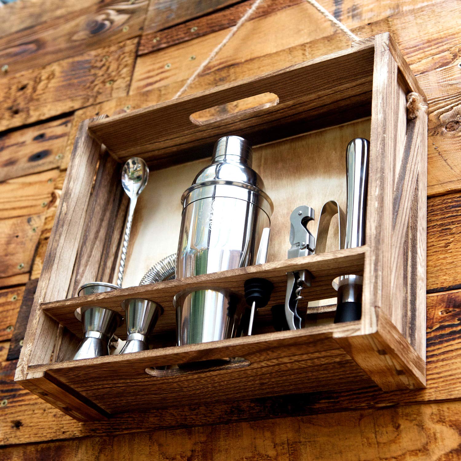 Juego de coctelería de 11 piezas, coctelera de barman de acero inoxidable de alta calidad con soporte de madera y accesorios, herramientas ideales para bar, cocina, uso profesional