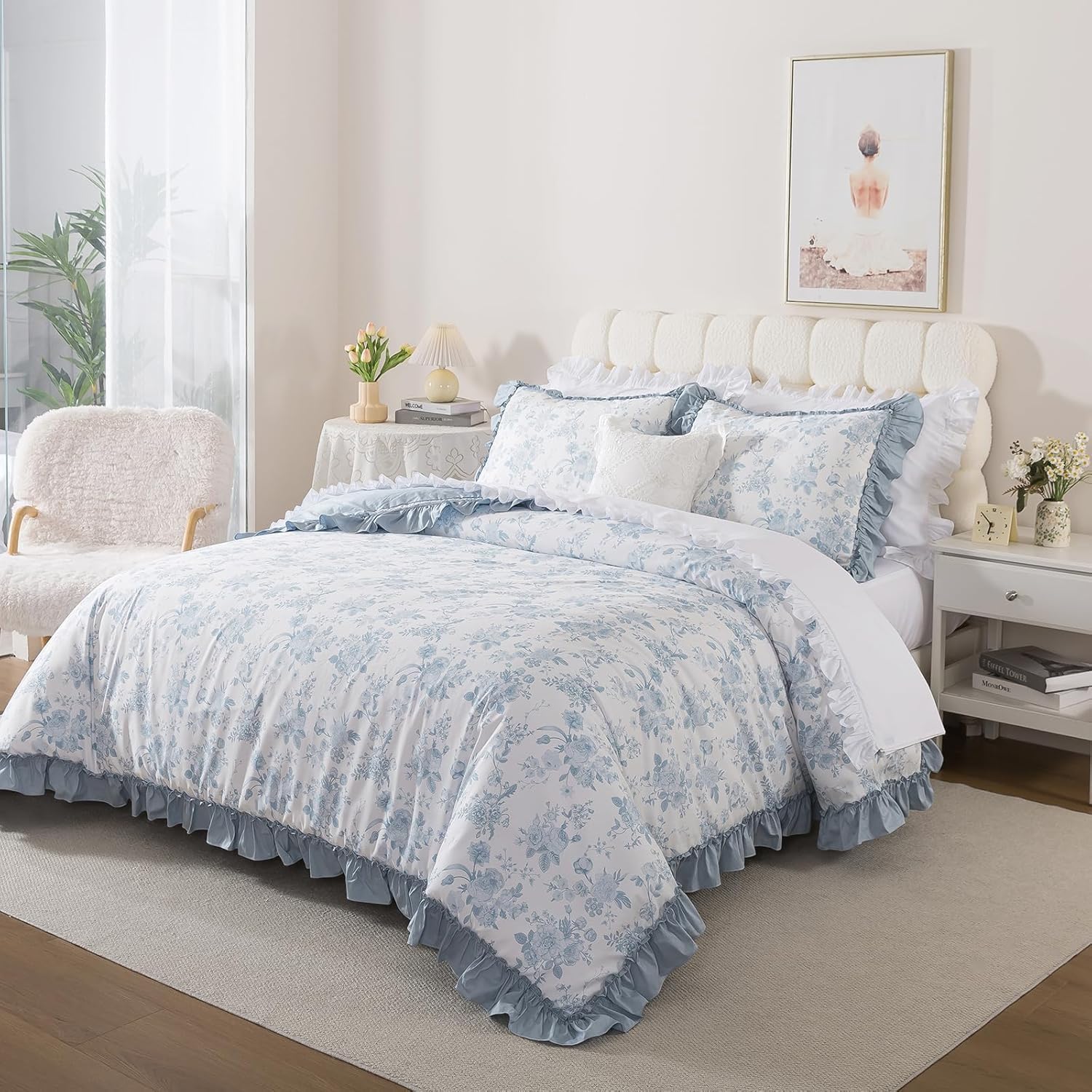 USTIDE Super King Floral Bedding Set, Ruffled Edge Toile Floral Duvet Cover with 2 Pillowcases, Classic Blue Peony Rose Pattern, 100% Cotton Grandmillennial Breathable Vintage Home Bed Decor, 3 Pieces