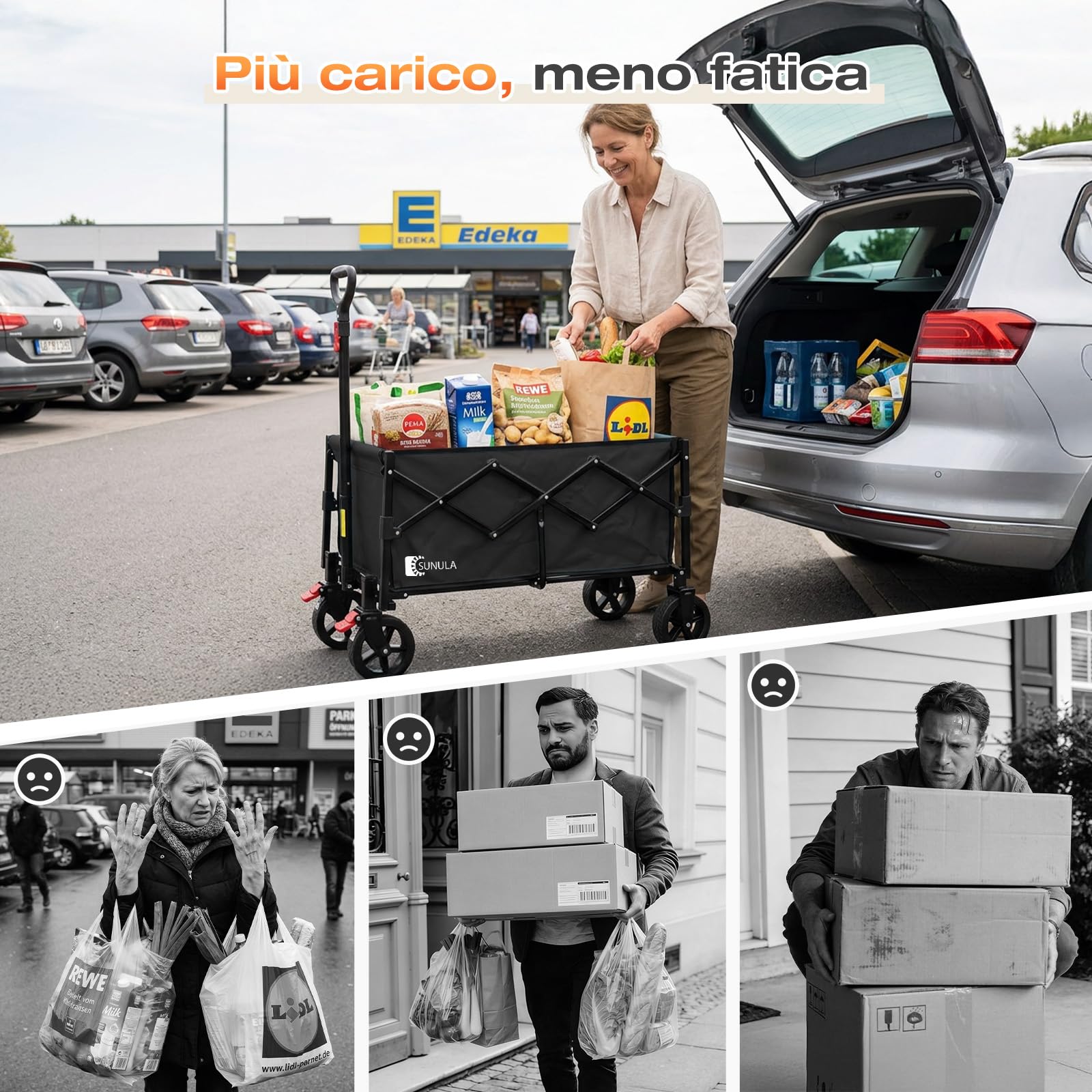 SUNULA Carrello pieghevole piccolo 80L 100KG, carrello pieghevole con peso ridotto, carrello fuoristrada con freni, Nero